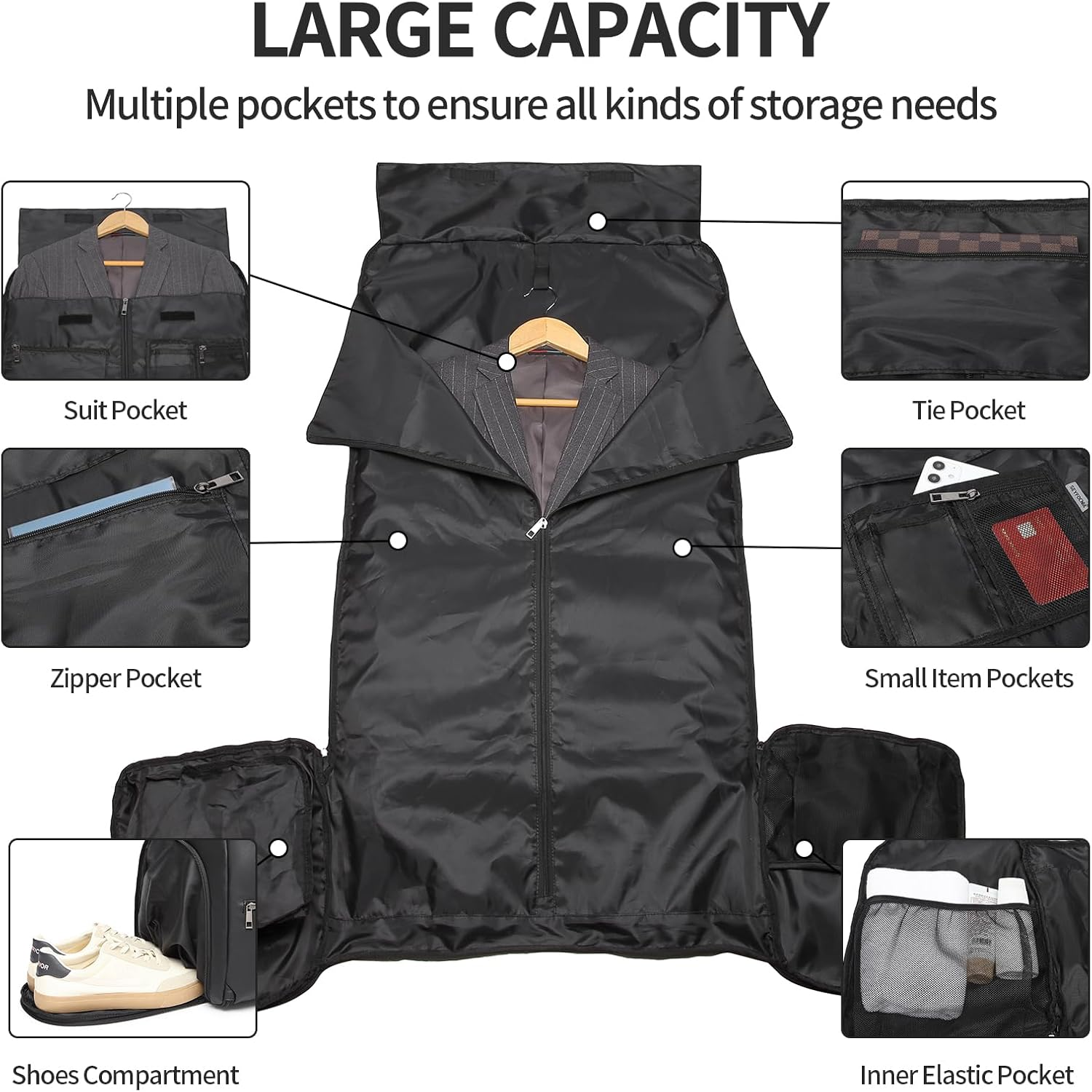 Seyfocnia Convertible Travel Garment Bag for Men Women, 2-In-1 Hanging Suitcase Suit Business Travel Bag, Black image number 6
