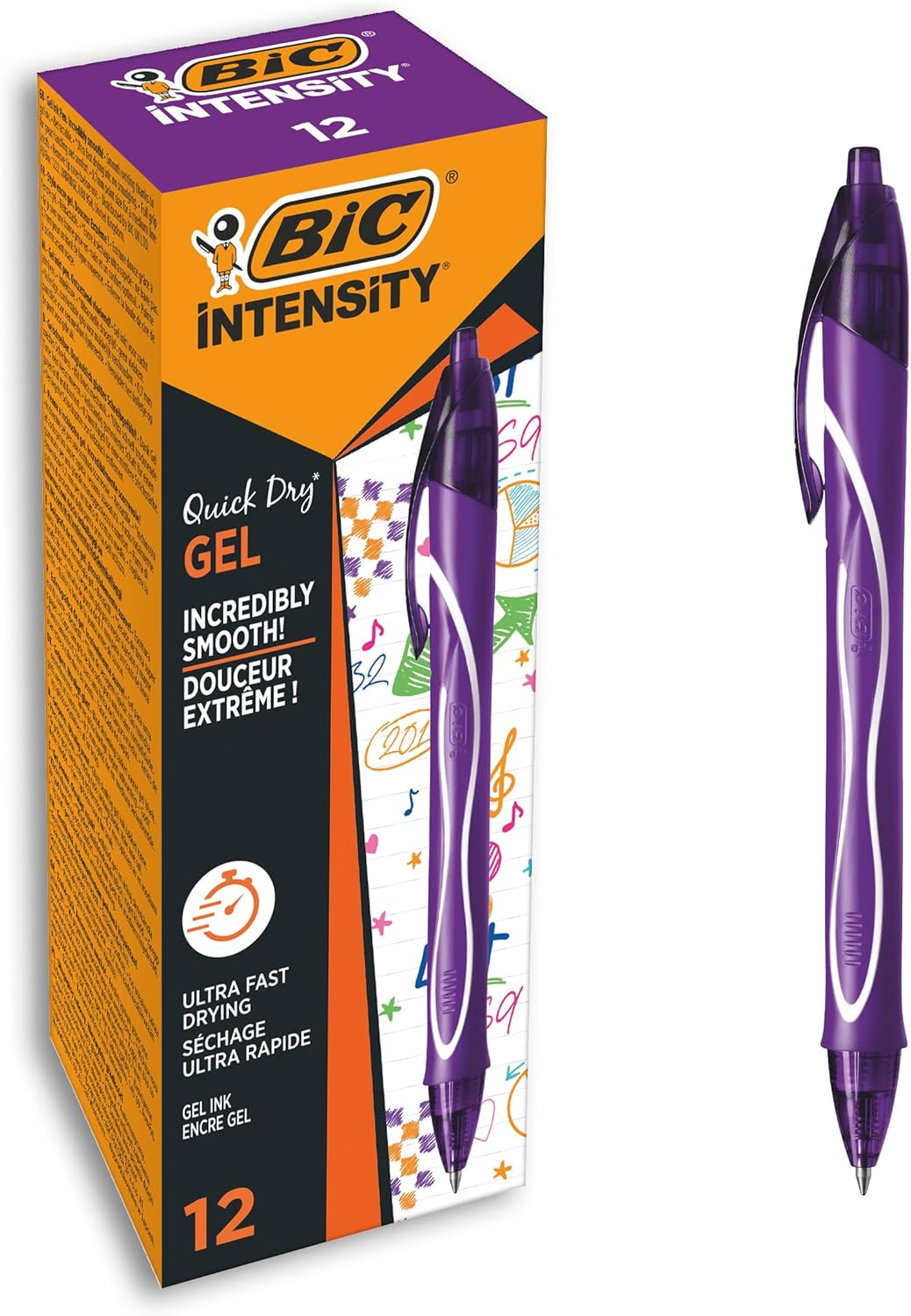 BIC Gel-Ocity Quick Dry Gel Pens, Medium Point (0.7 Mm), Purple, Box of 12, Retractable Pen with Ultra Fast Drying Ink