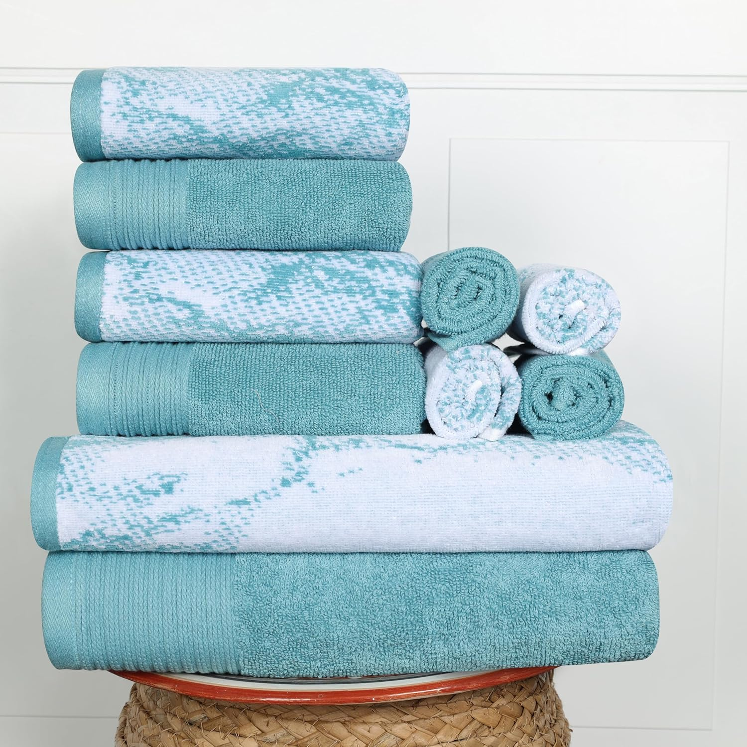 Superior Cotton 10 Piece Assorted Solid and Marble Towel Set, Includes 2 Bath, 4 Hand, 4 Washcloths/Face Towels, Soft, Absorbent, Decorative Bathroom Accessories, Home Essentials, Teal image number 2