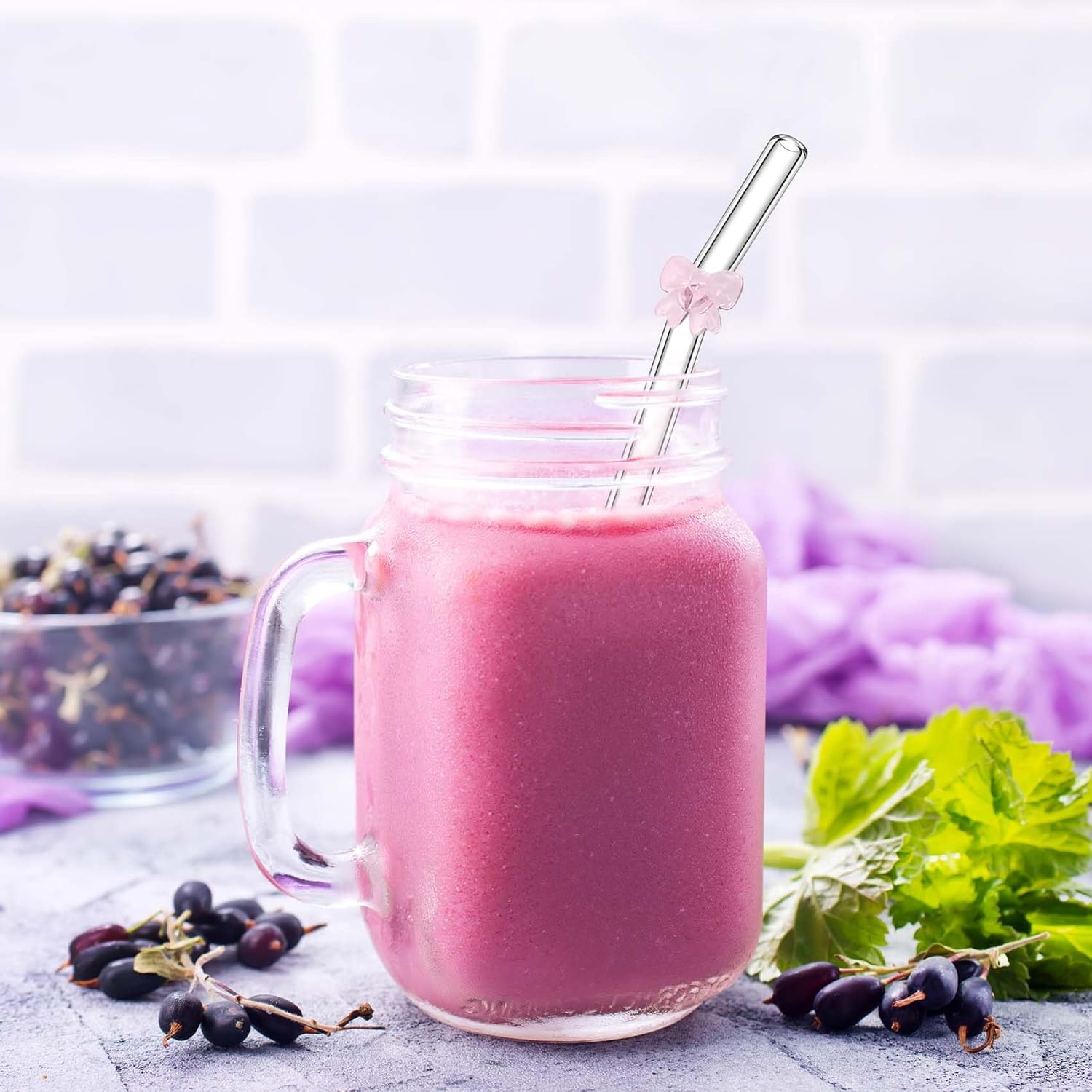 6 Pcs Glass Straws Shatter Resistant with Cute Pink Bow, Reusable Straw Dishwasher Safe with 2 Cleaning Brushes for Pink Lover, Juice, Summer Beach, Birthday Party image number 3