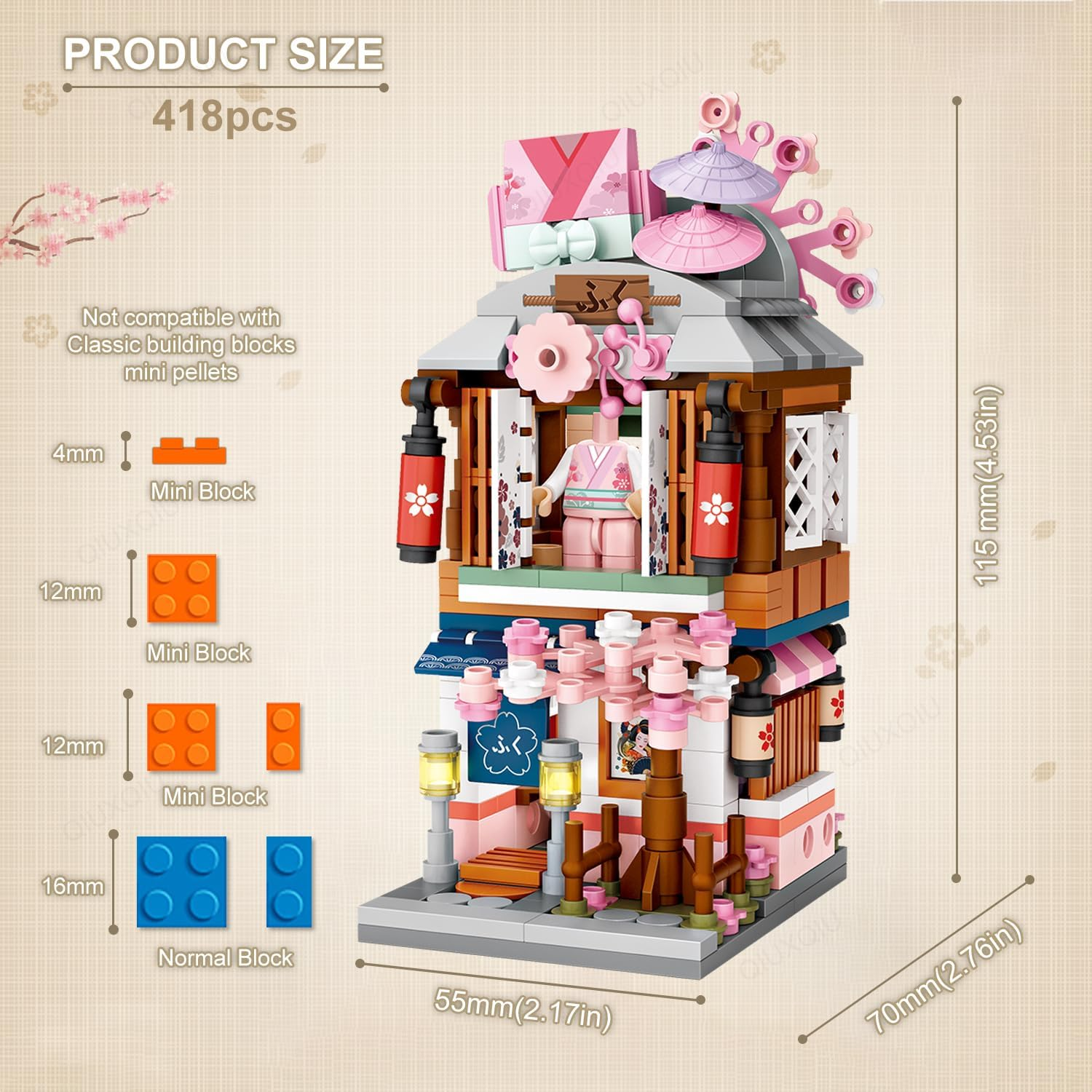 QIUXQIU Japanese Street View Kimono Store Toys, MOC Construction Creative Japan Architecture Model Set, 418 PCS Simulation Mini Building Blocks Toy for Boys Girls (Kimono Shop) image number 2