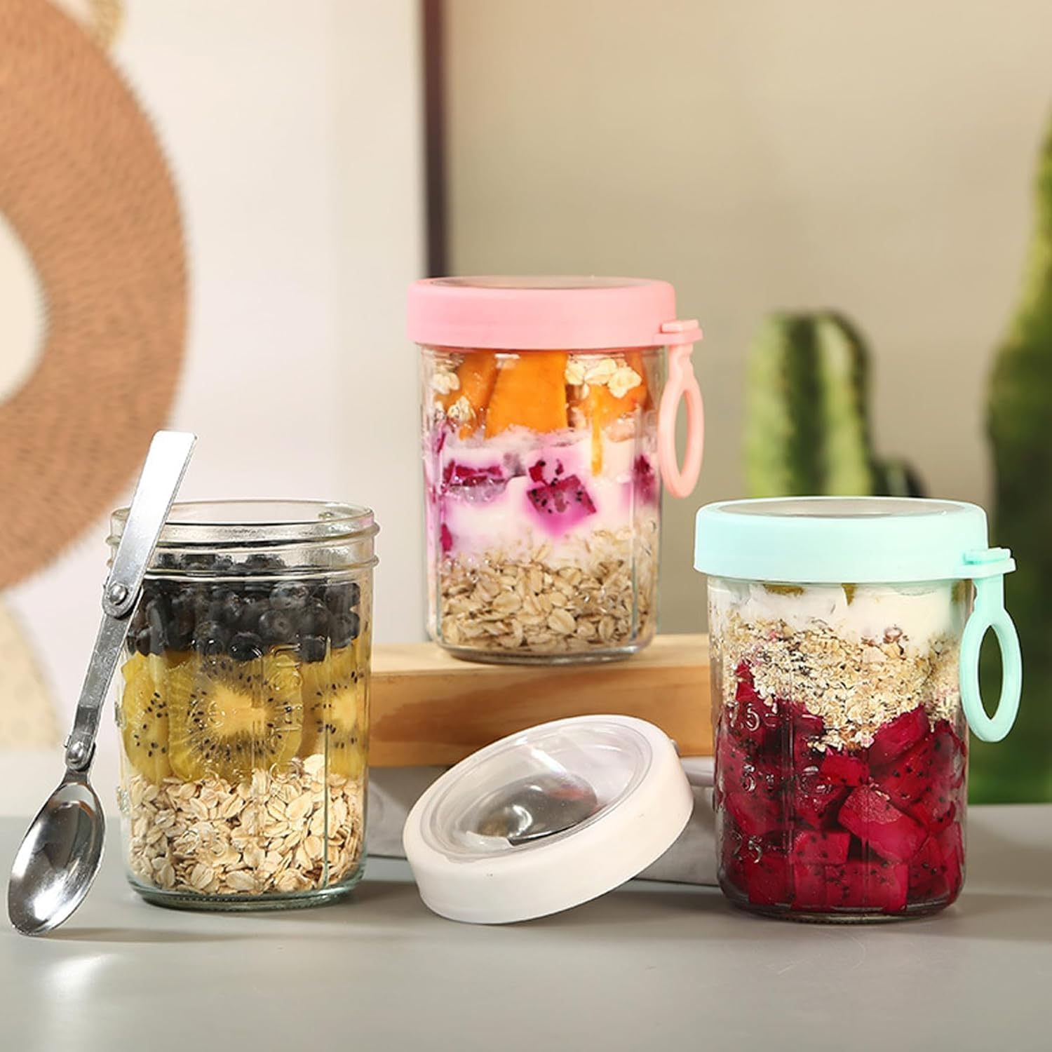 6 Pack Overnight Oats Jars, Overnight Oats Container with Lid and Spoon, 12Oz Mason Jars with Lid for Cereal with Measurement Marks, Glass Airtight Oatmeal on the Go image number 4