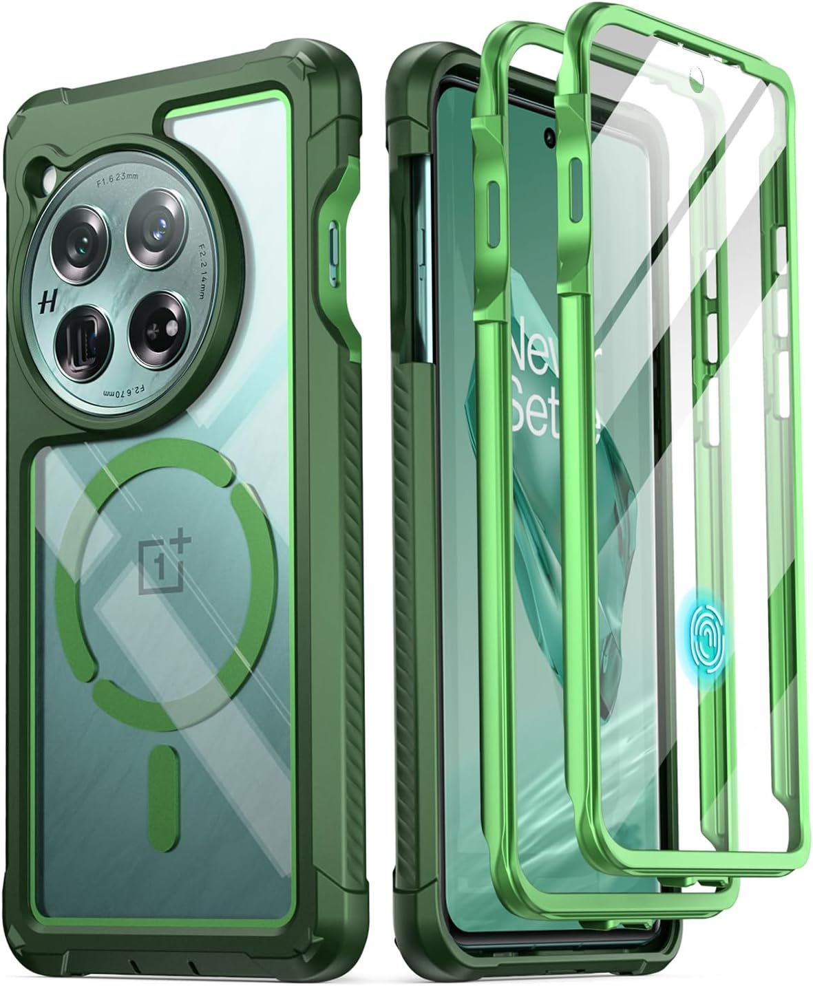 Poetic Guardian Case for Oneplus 12 5G (2024), Built-In Screen Protector [Work with Fingerprint ID], [2 Front Frame] [Wireless Charge] Full Body Shockproof Rugged Clear Cover Case, Green/Clear