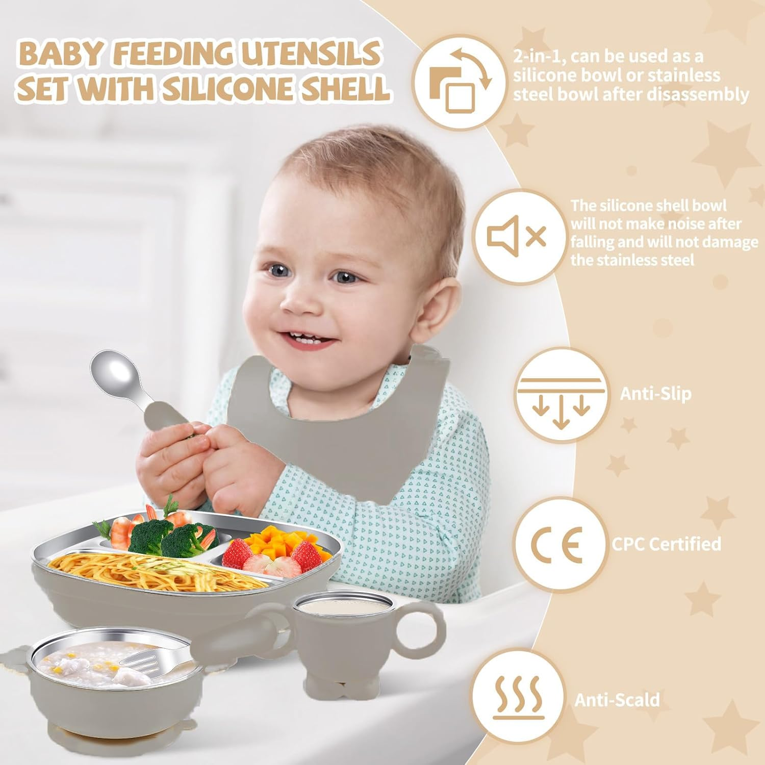 6 Pcs Stainless Steel Kids Plates and Bowls Set with Suction, Contain Deep-Divide Toddler Plates, Bowls, Cup, Utensils & Bib &ndash; Bpa-Free 304 Steel + Silicone Suction &ndash; Dishwasher Safe (Grey) ﻿ image number 2