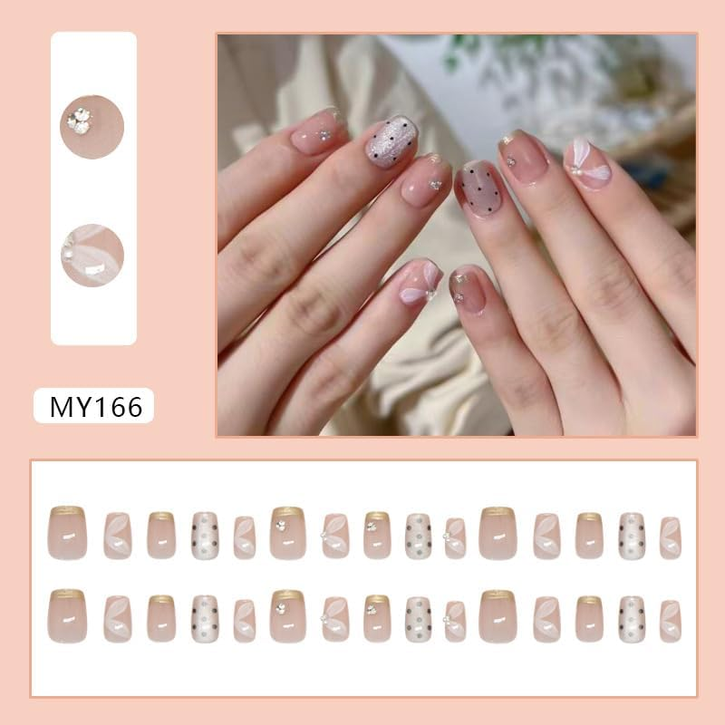 30Pcs Short Square Press on Nails French Tip False Nails Cat Eye Fake Nails Flower Pearl Rhinestone Stick on Nails Removable Glue-On Acrylic Nail Tips Spring Summer Accessories for Women image number 3