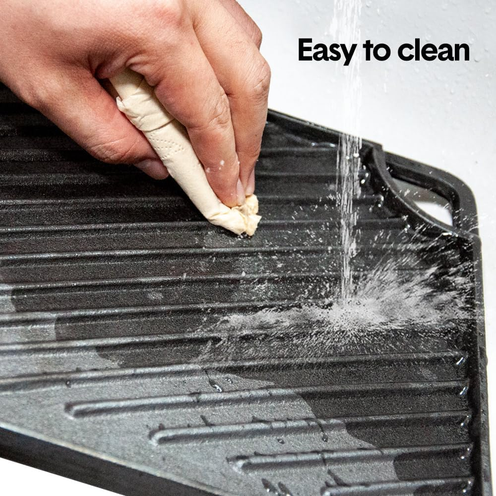 ALSTON Reversible Cast Iron Griddle Rectangular BBQ Plate Double-Sided Flat Top Griddle Pan and Grooved Grill for Gas Stovetop Oven and Open Fire, Black 43&times;24Cm image number 6