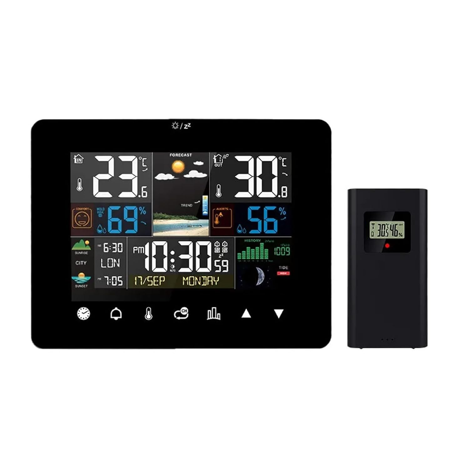 Touch Color Screen Weather Station Alarm Clock Sunrise and Sunset Time Thermometer Hygrometer with Wireless Outdoor Sensor image number 2