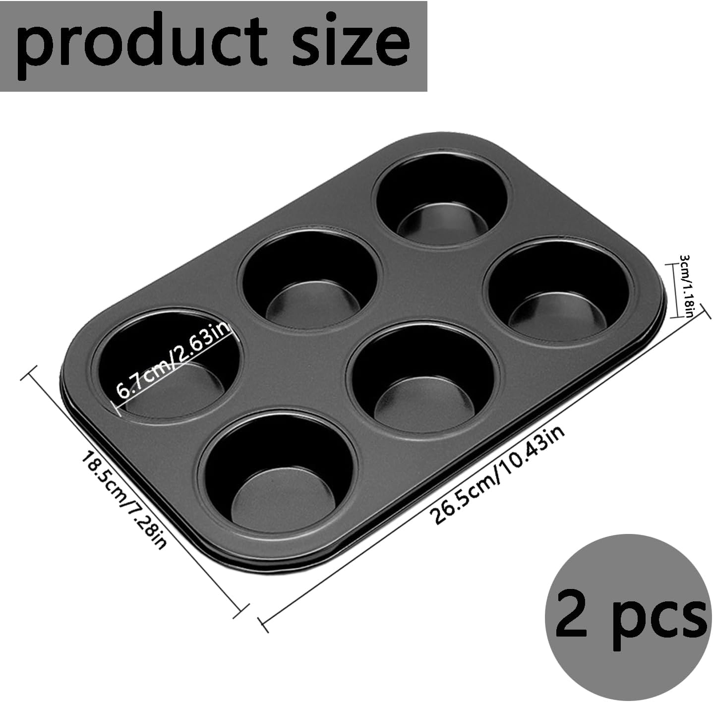 2Pcs Non-Stick 6-Cup Muffin Pan for Baking, Carbon Steel Cupcake Baking Tray, Stackable Cupcake Molds, Dishwasher Safe - 10.4 X 7.3 X 1.1 Inches (Black) image number 1