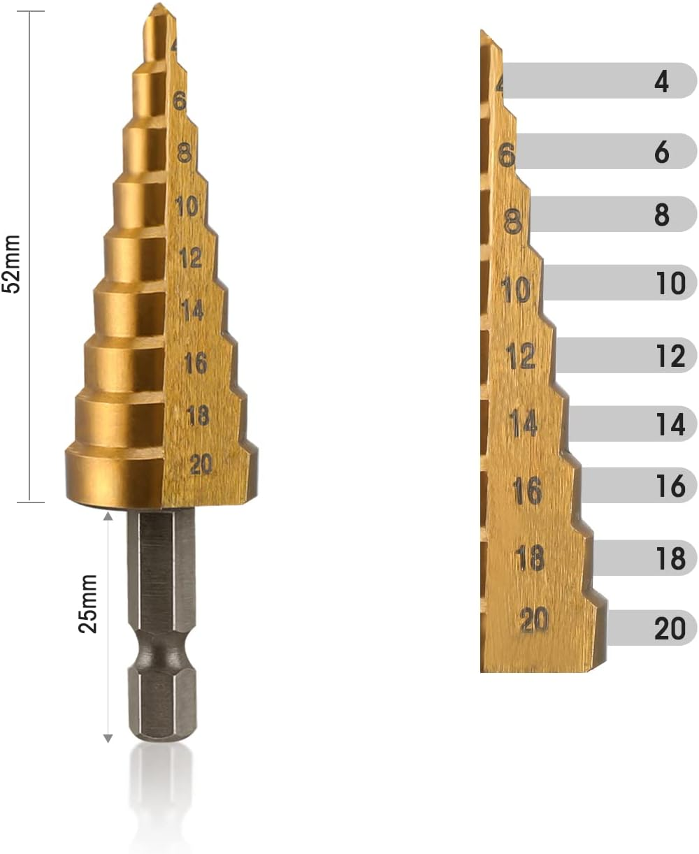 WORKPRO 3-Piece Step Drill Bit Set, 1/4" Hex Shank Quick Change High Speed Steel Titanium Coated Drill Bits for Plastic, Sheet Metal, Aluminum Hole Drilling, Well-Organized Bag Included,Metric image number 3