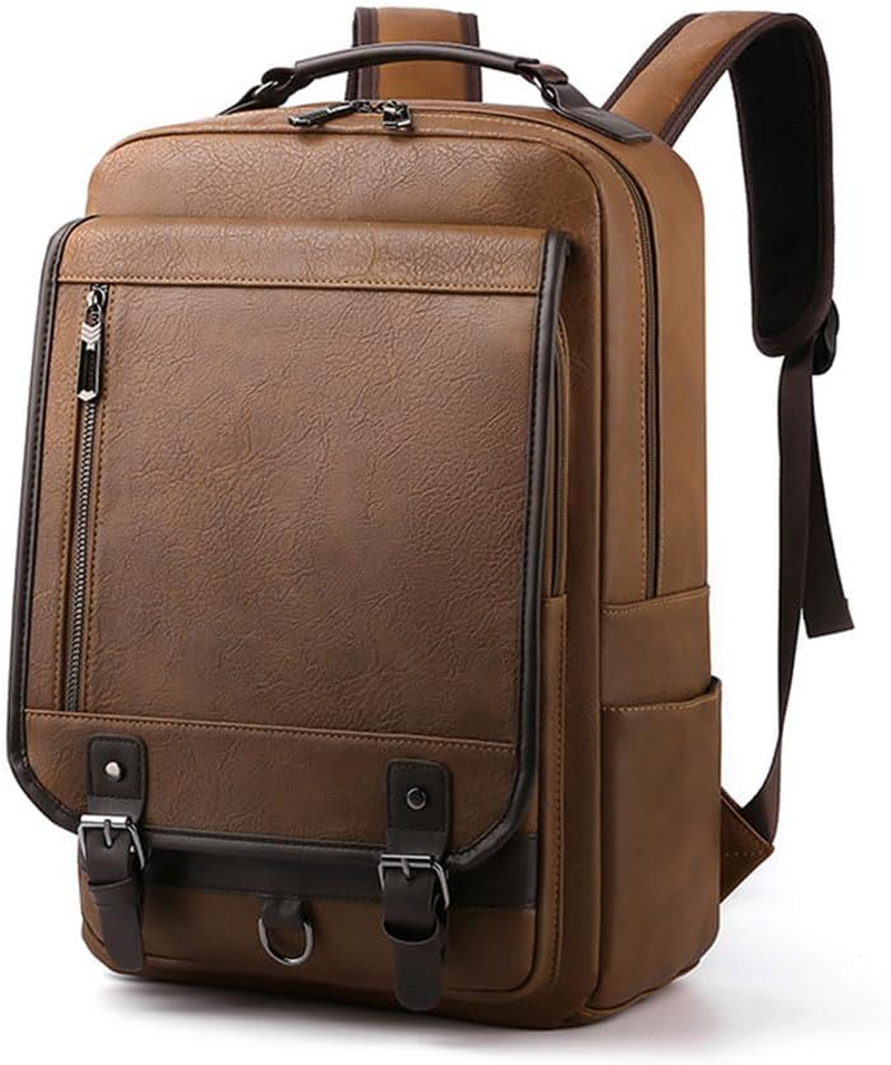 Men'S Vintage PU Leather Backpack 15.6" Laptop Bag Large Capacity Business Travel Hiking Shoulder Daypacks Brown image number 3