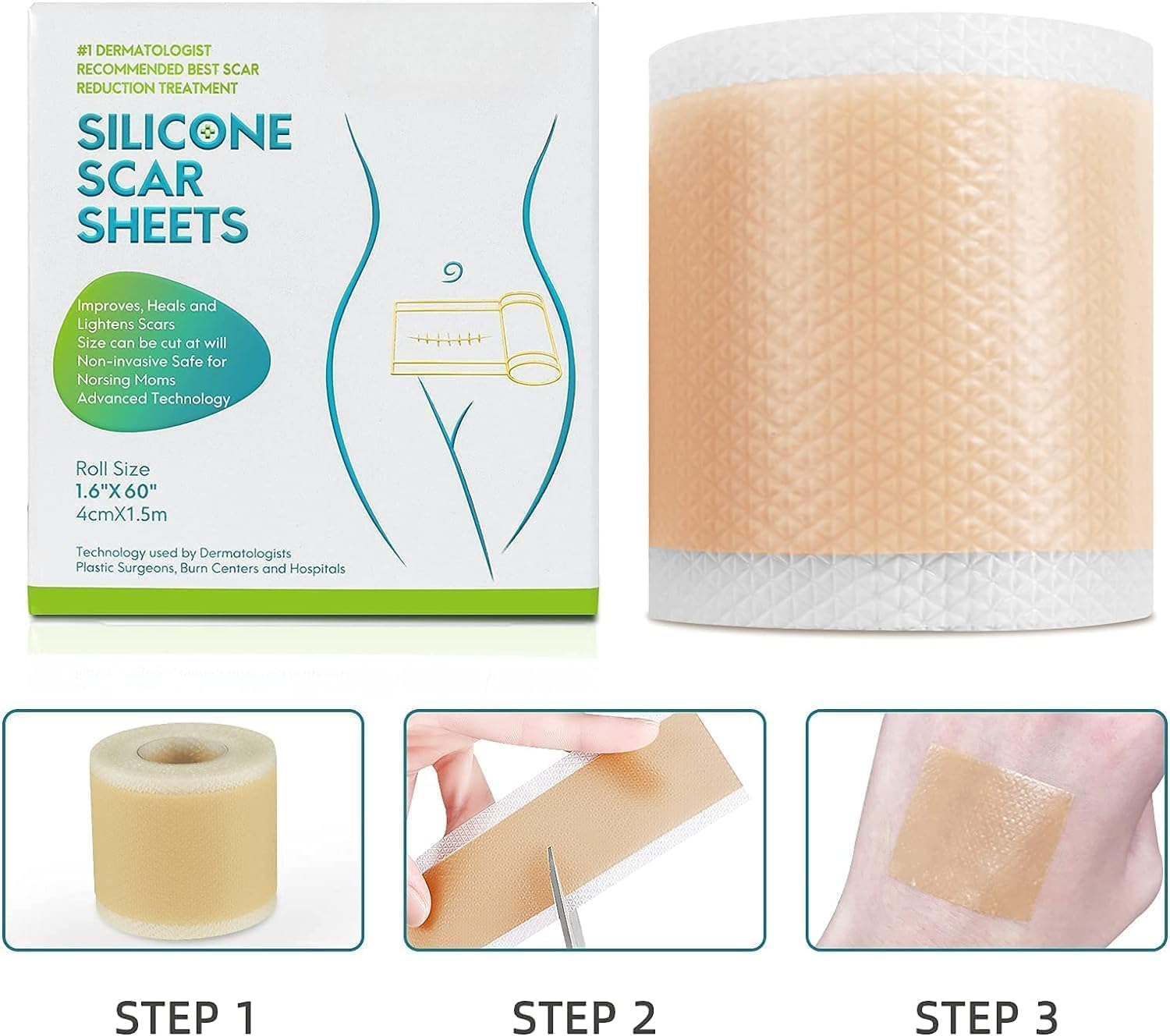 Silicone Scar Sheets,Scar Removal Silicone Tape Roll for C-Section,Professional Painless Silicone Keloid Scars from Surgery, Burn, Acne Et (1.6&rdquo; X 60&rdquo;Roll-1.5M) image number 1