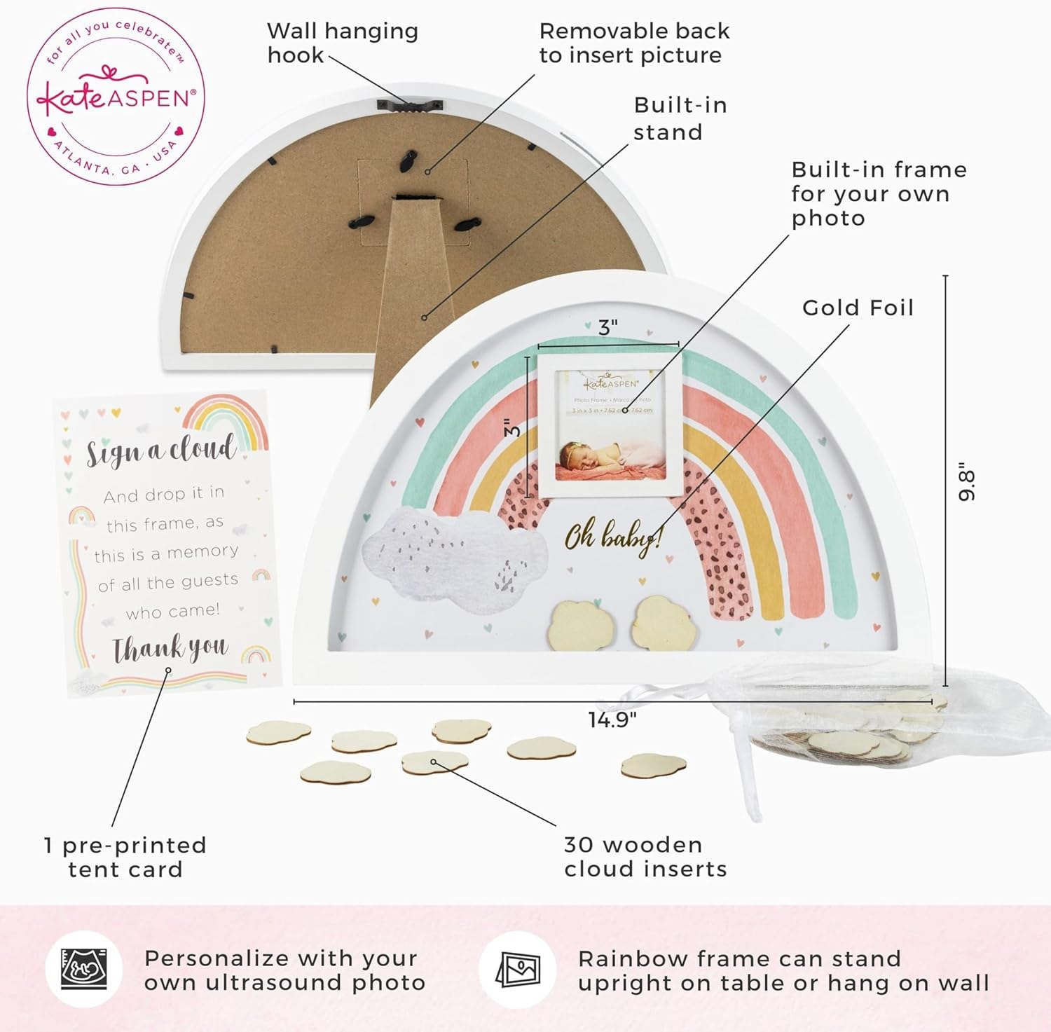 Kate Aspen Boho Baby Shower Guest Book Alternative Rainbow Frame with 30 Wooden Clouds, Frame for Sonogram Picture, Rainbow Baby Shower Decorations & Keepsake, Nursery Decor - Oh Baby image number 2