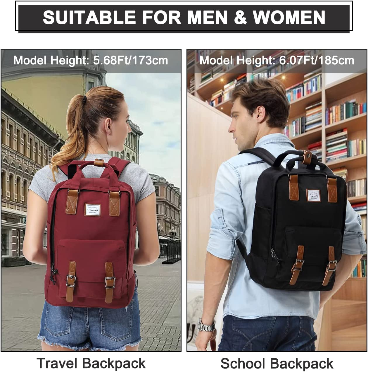 Backpack for Women,Vaschy Vintage Water Resistant 15.6 Inch Laptop School Backpack for Men,Teen Girls Casual Daypack for Travel/Business Black - Black image number 3