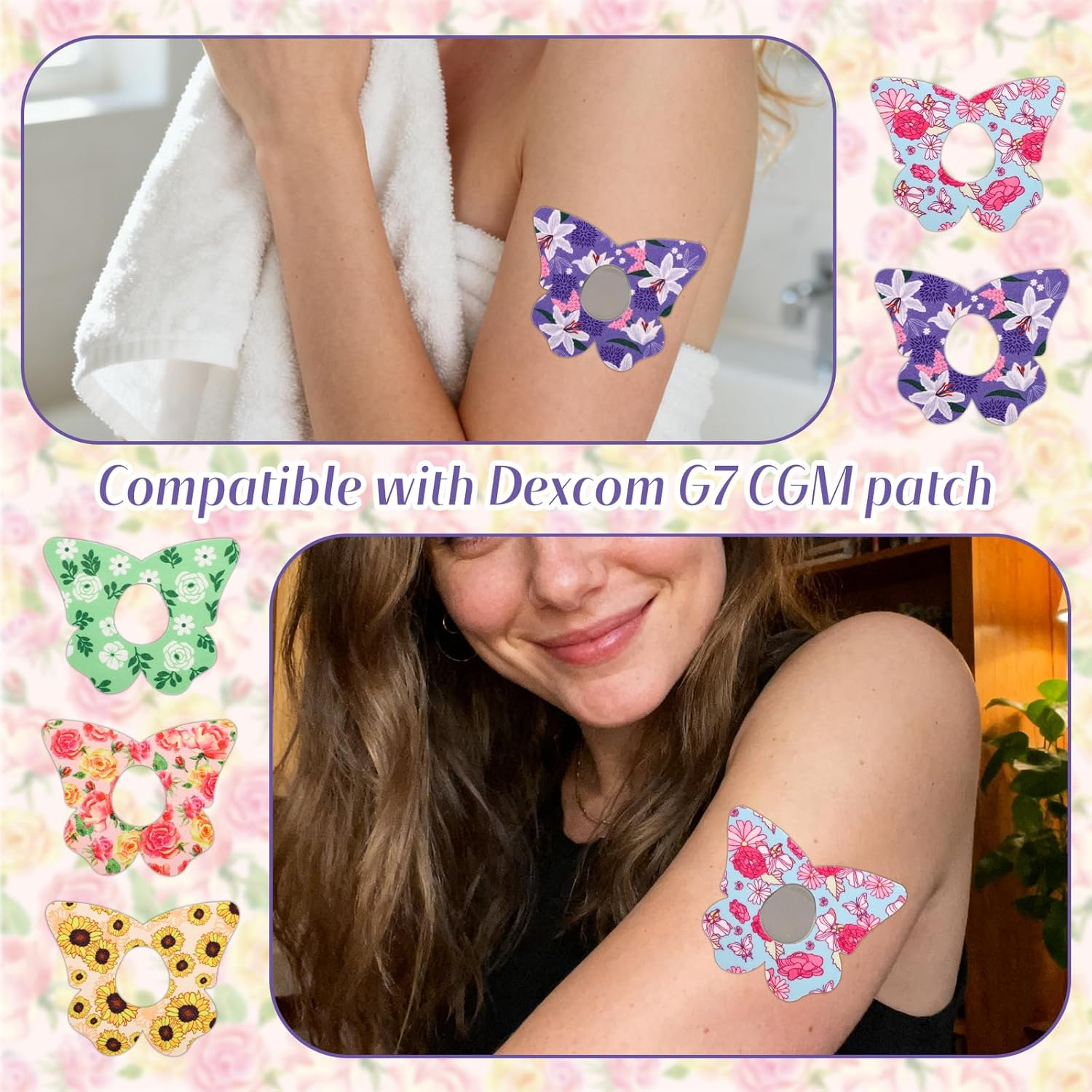 25 Pcs Adhesive Patches for Dexcom G7, 5 Styles Beautiful Butterfly Design Adhesive Patches Waterproof & Breathable Latex Free over Patch Sensor Stickers