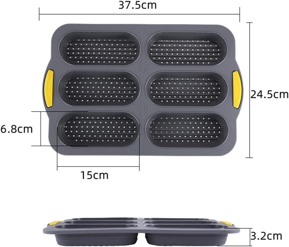 Baguette Pan,Loaf Pan,Silicone Bread Loaf Pan,French Bread Pan,Hot Dog Bun Mold,With Comfort Grip for Kitchen Baking, Open Hole Silicone Baking Mold,Grey and Yellow image number 3