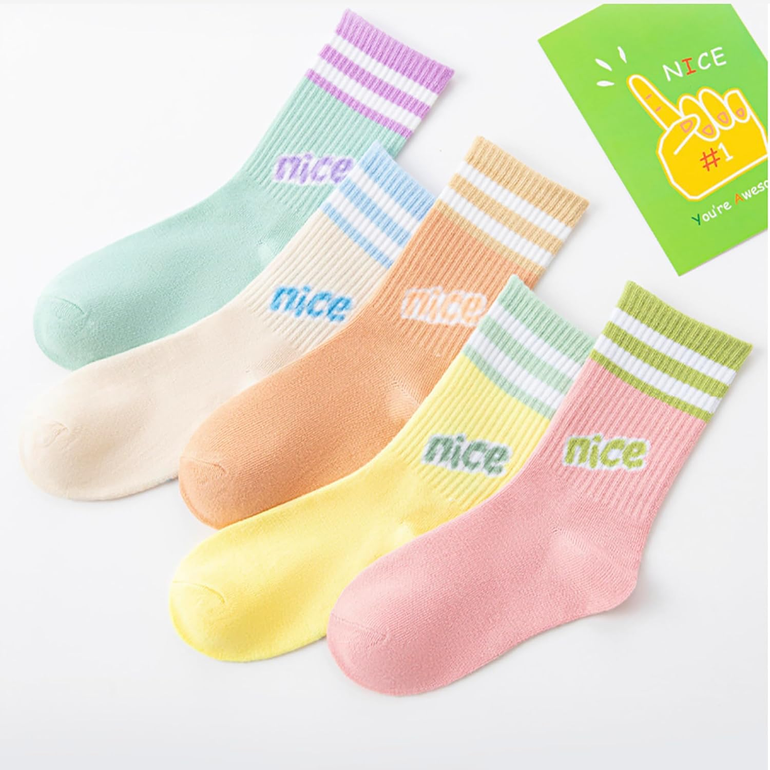 Zzxlw Girls' Socks Colourful Knitted Athletic Fashion White Double Stripes Socks 10 Pairs Soft & Elastic for Children Dopamine Colour Block Design 3-12 Years