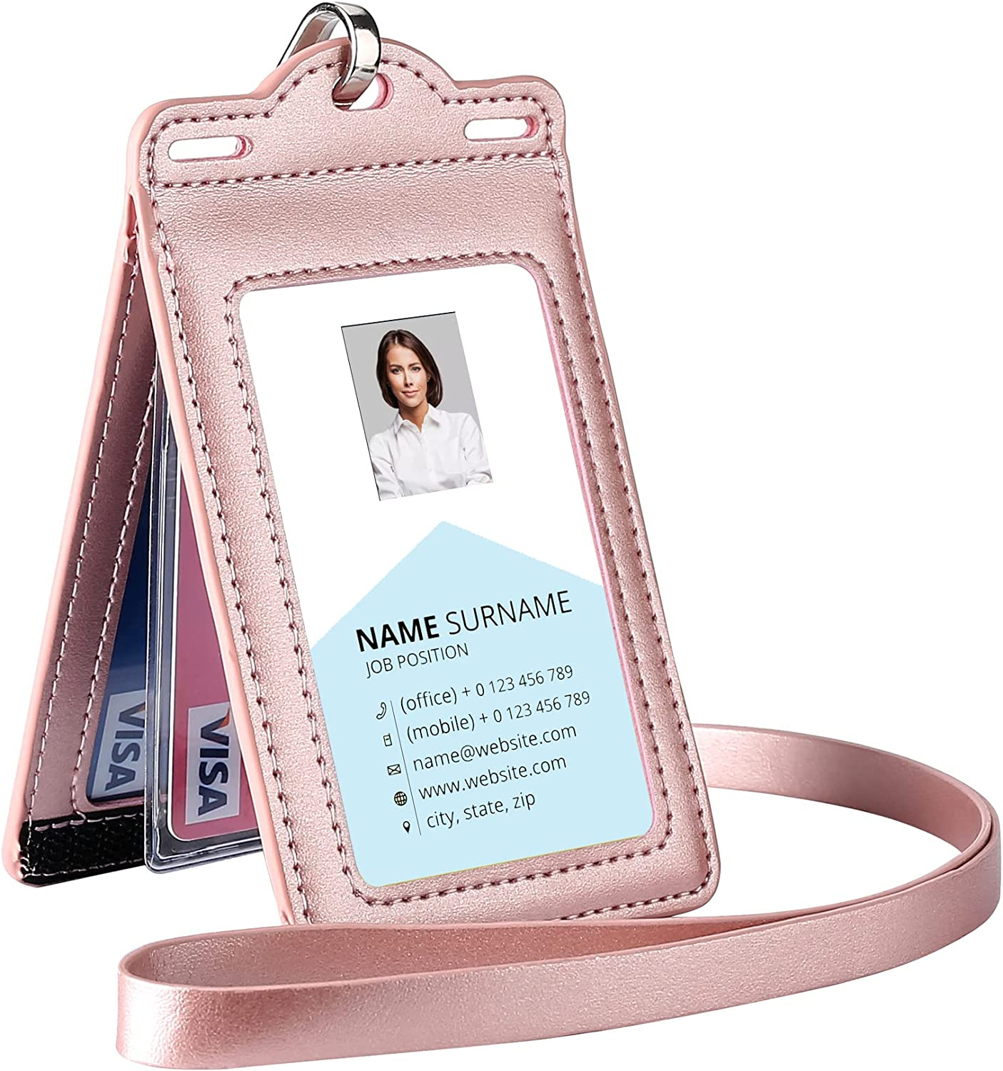Badge Holder with 2 Lanyard Leather Easily Holds 1 to 6 Cards, Trifold Heavy Duty ID Card Holder, for Nurse Teacher School Medical Law Enforcement