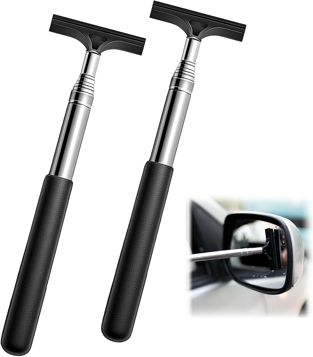 MAEZOE 2Pcs Car Mirror Squeegee with High Efficiency Water and Fog Removal Telescopic Portable Stainless Steel Ideal for Rainy Foggy Driving Perfect for Drivers and Car Enthusiasts image number 1
