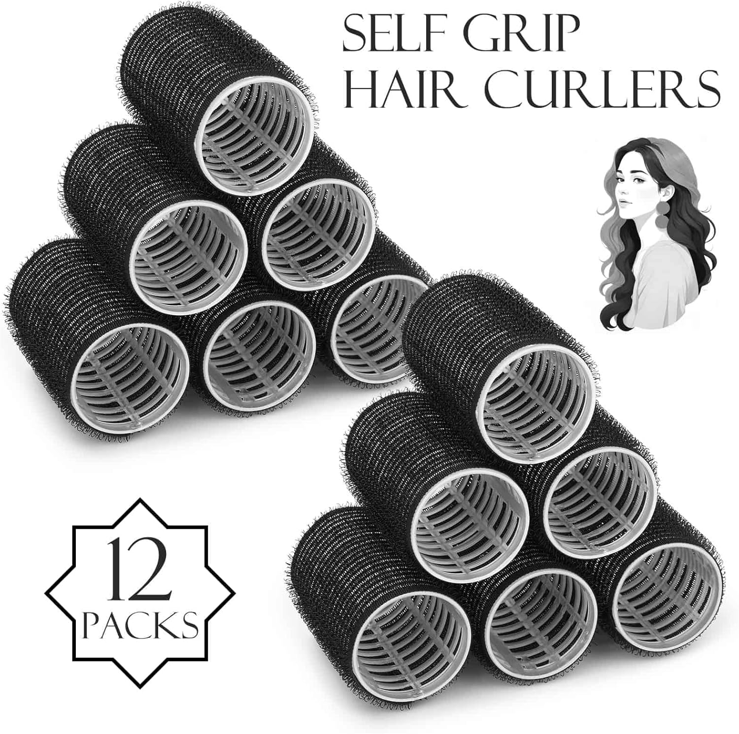 Hair Curlers Rollers, 12Pcs Hair Rollers Hair Curlers Self Grip Holding Rollers with 12 Pcs Hair Clips for Long Medium Short Thick Fine Thin Hair Bangs Volume - Black image number 6
