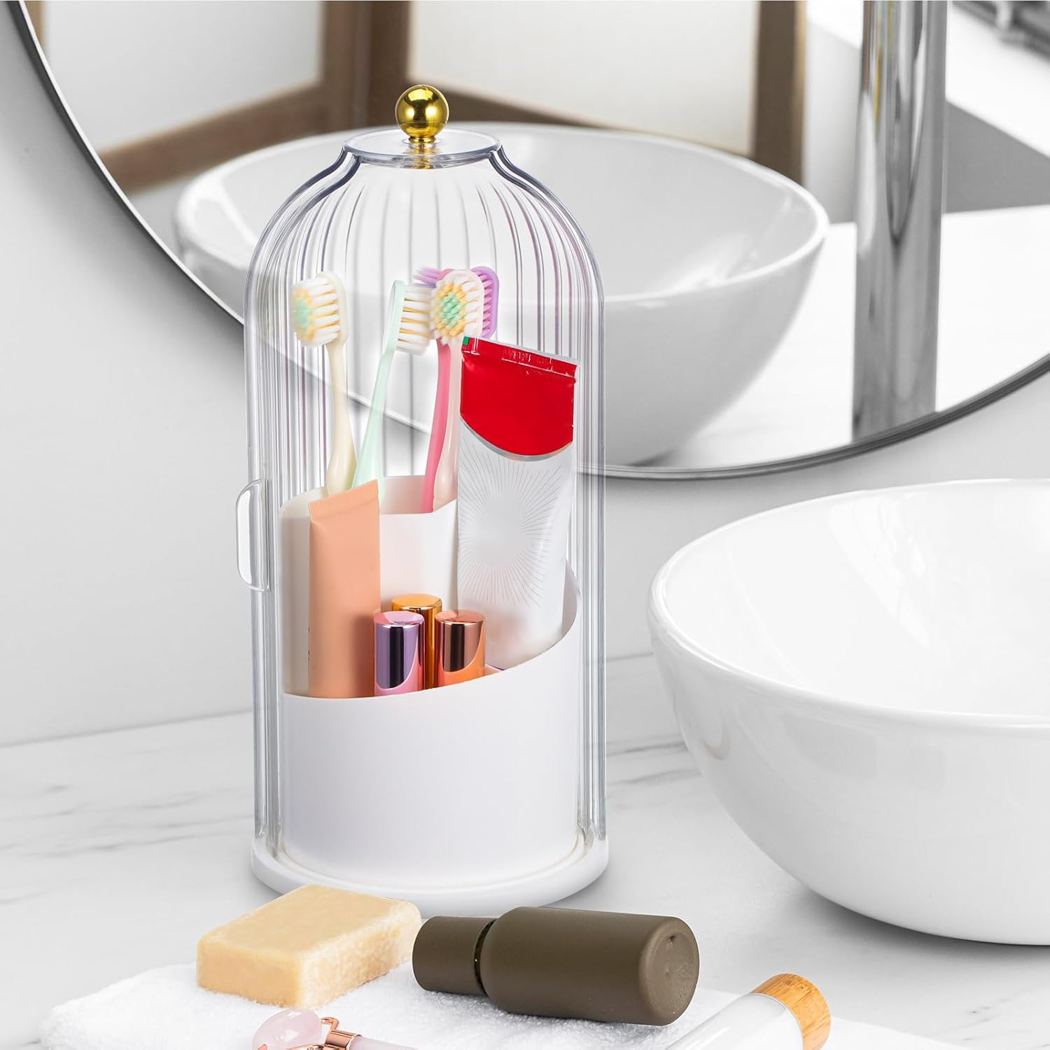 UKCOCO Rotating Makeup Brush Holder with Lid : Makeup Organizer for Vanity Dustproof Cosmetic Brush Organizer for Home Use, White, 9. 84 X 4. 92 X 4. 92 Inches image number 1