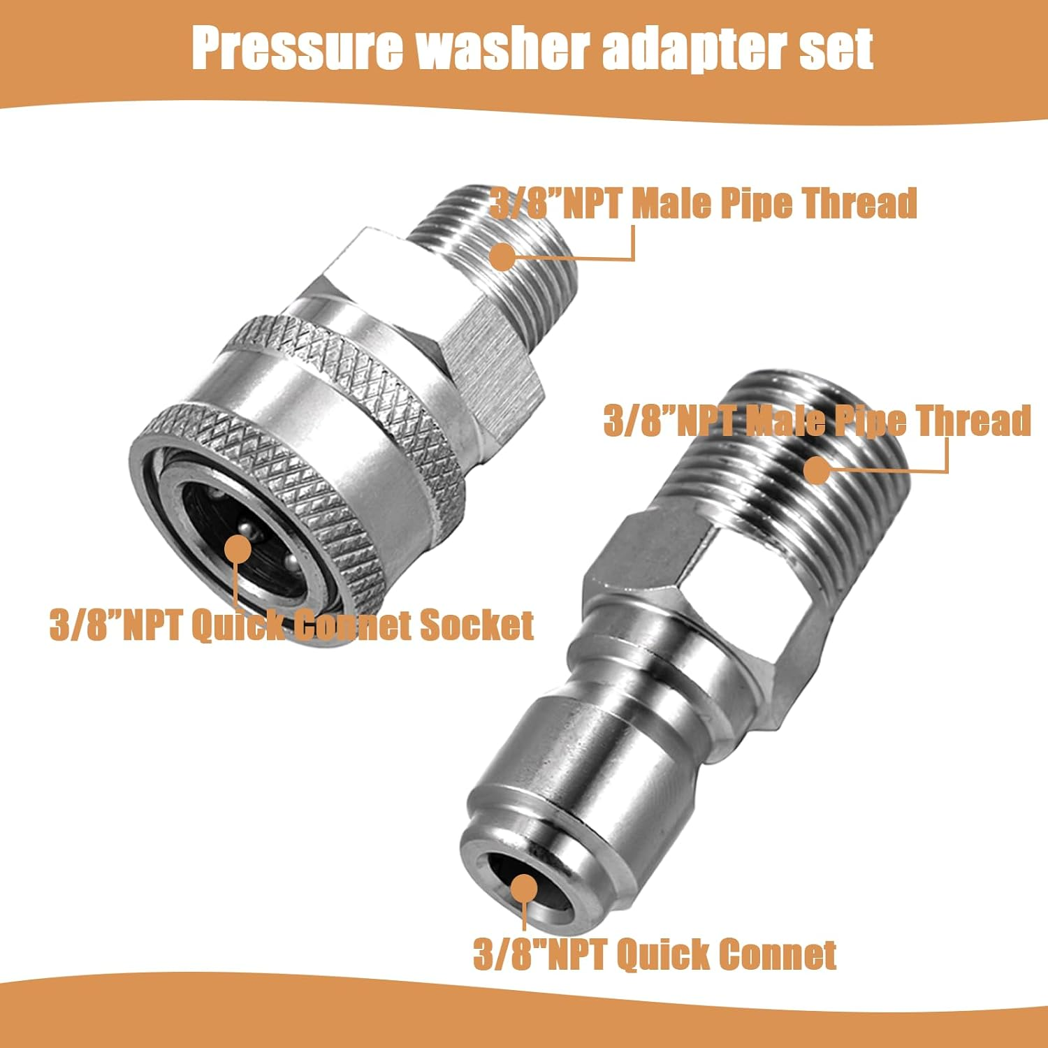 4 Sets NPT 3/8 Inch Pressure Washer Coupler Quick Connect Plug Stainless Steel Male and Female Quick Connect Fittings Pressure Washer Adapter Set (Internal Thread, External Thread) image number 4