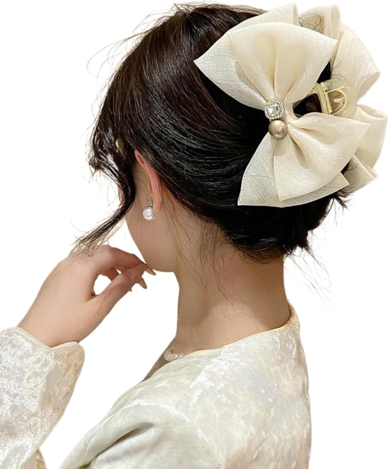 Tulle Bow Hair Clip with Rhinestones - Large Claw Hair Accessory for Thick Hair Ponytails, Chiffon Bow and Mesh Bowknot (Black)