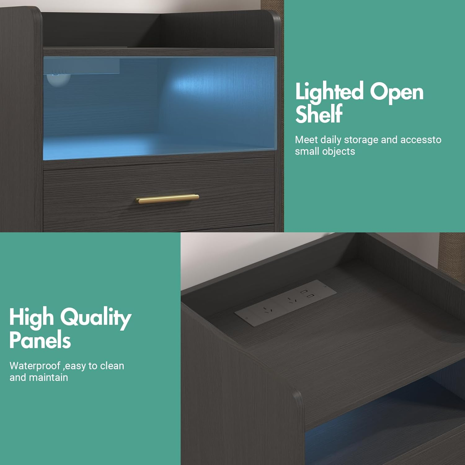 Ufurniture Nightstand with Charging Station, 16 Colors LED Bedside Table with USB Ports and Outlets, End Table with 3 Drawers and Storage Shelf, Small Dresser for Small Space, Black image number 1