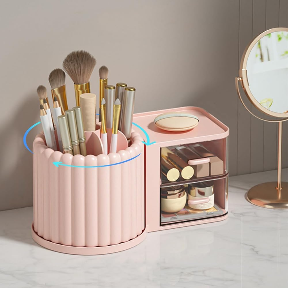 STORICANS 360 Rotating Makeup Brush Holder 7 Slots Makeup Brush Organiser with Drawer Removable Spinning Cosmetic Storage Pen Holder for Vanity, Dresser, Desk,Pink image number 2