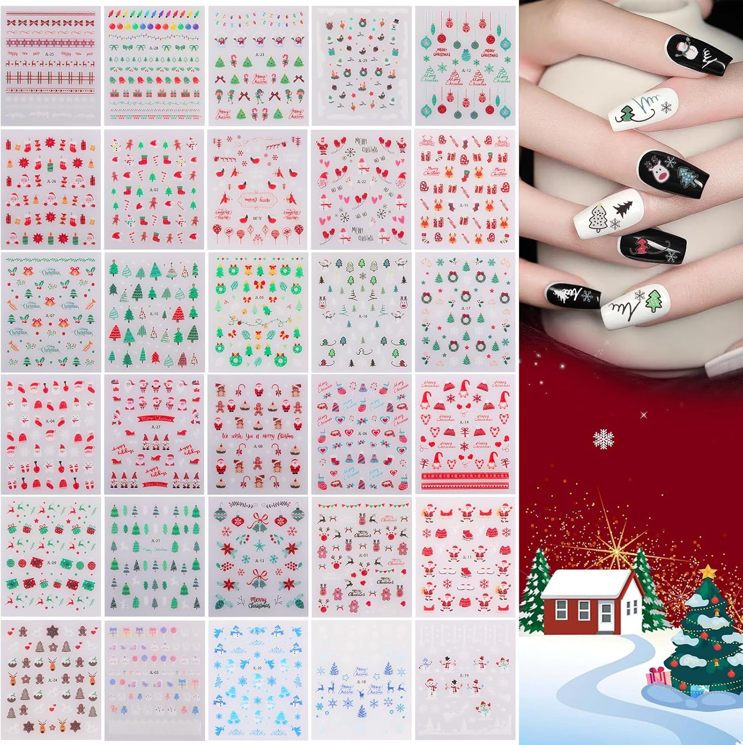 Bighan 30 Sheets Christmas Nail Art Stickers Self-Adhesive Designs with Christmas Trees Snowflakes Snowmen Reindeer Santa Hats Nail Stickers Decals image number 6