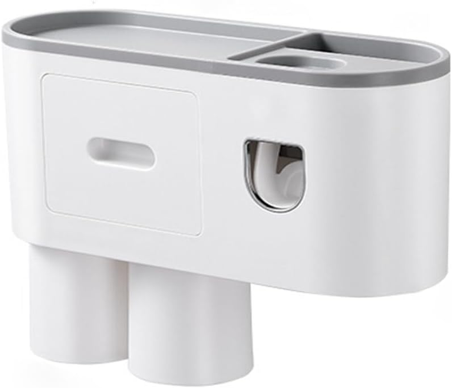 Bathroom Wall Mounted Double Cup Toothbrush Holder, Punch-Free. Automatic Toothpaste Squeezer. Large Capacity Tray, Cosmetic Drawer. image number 1