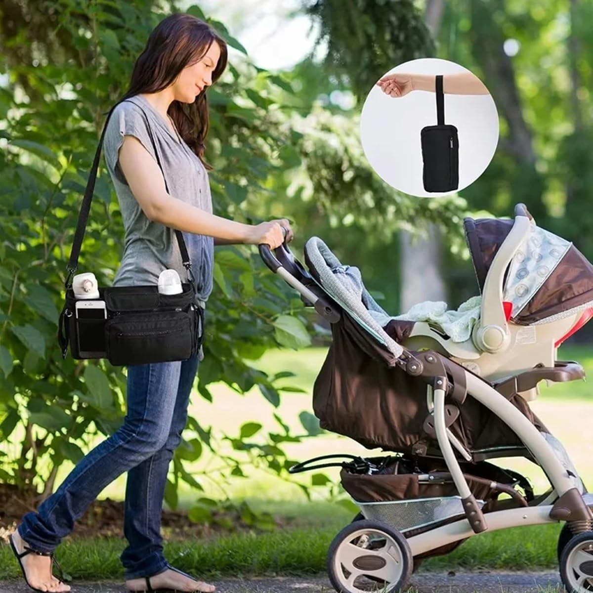 AIMALL Universal Baby Stroller Organiser Bag with Cup Holders &ndash; Waterproof Oxford Cloth Hanging Storage Basket with Zipper Pouch for Trolley and Pushchair image number 2