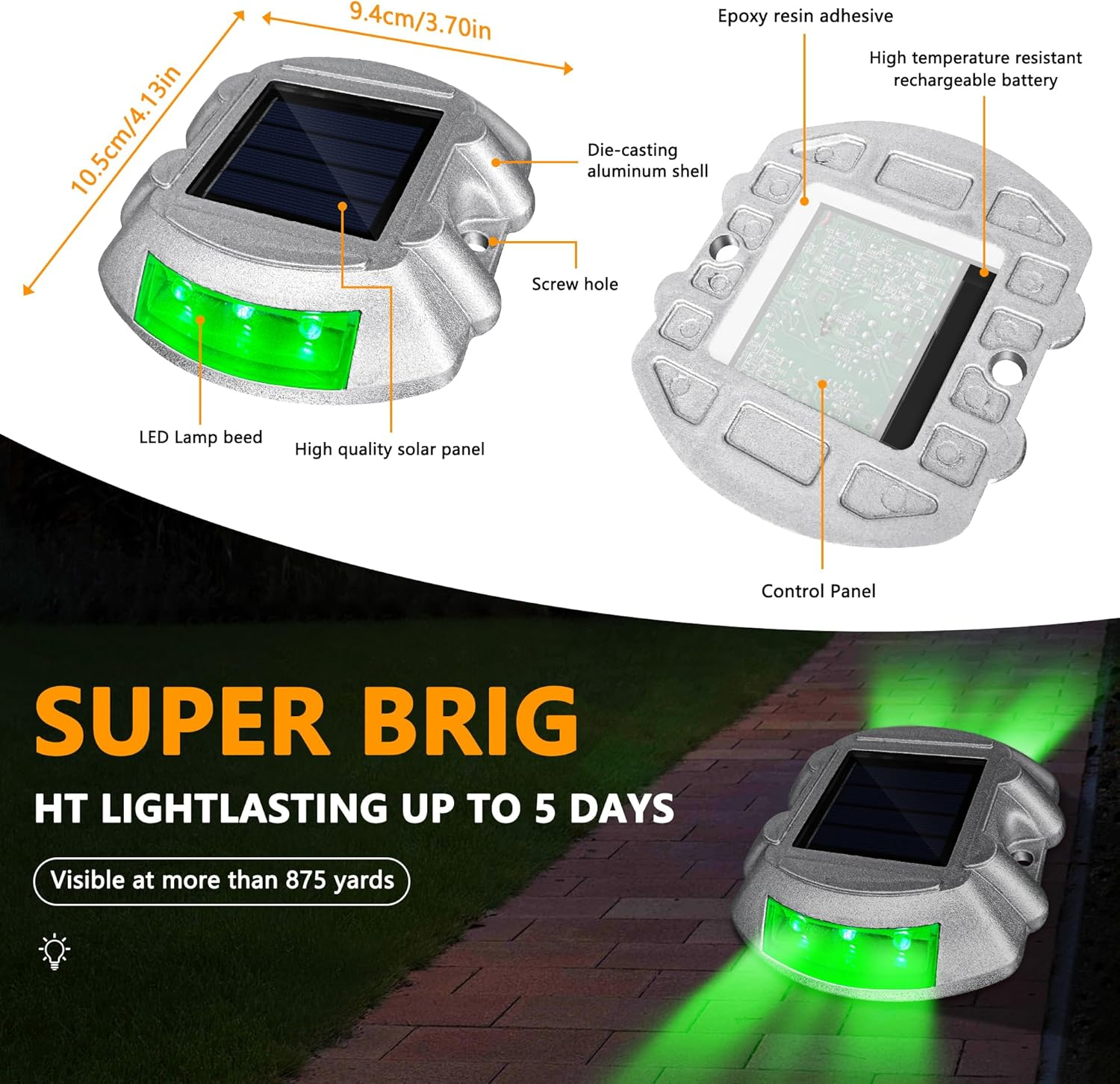 2 Pack Solar Driveway Lights,Solar Deck Lights,Ground Marker Lights,Wireless Driveway Safety Light,Cast Aluminium Road Highway Spike Lamp,Waterproof Wireless Dock Light for Pathway Garden Walkway image number 3