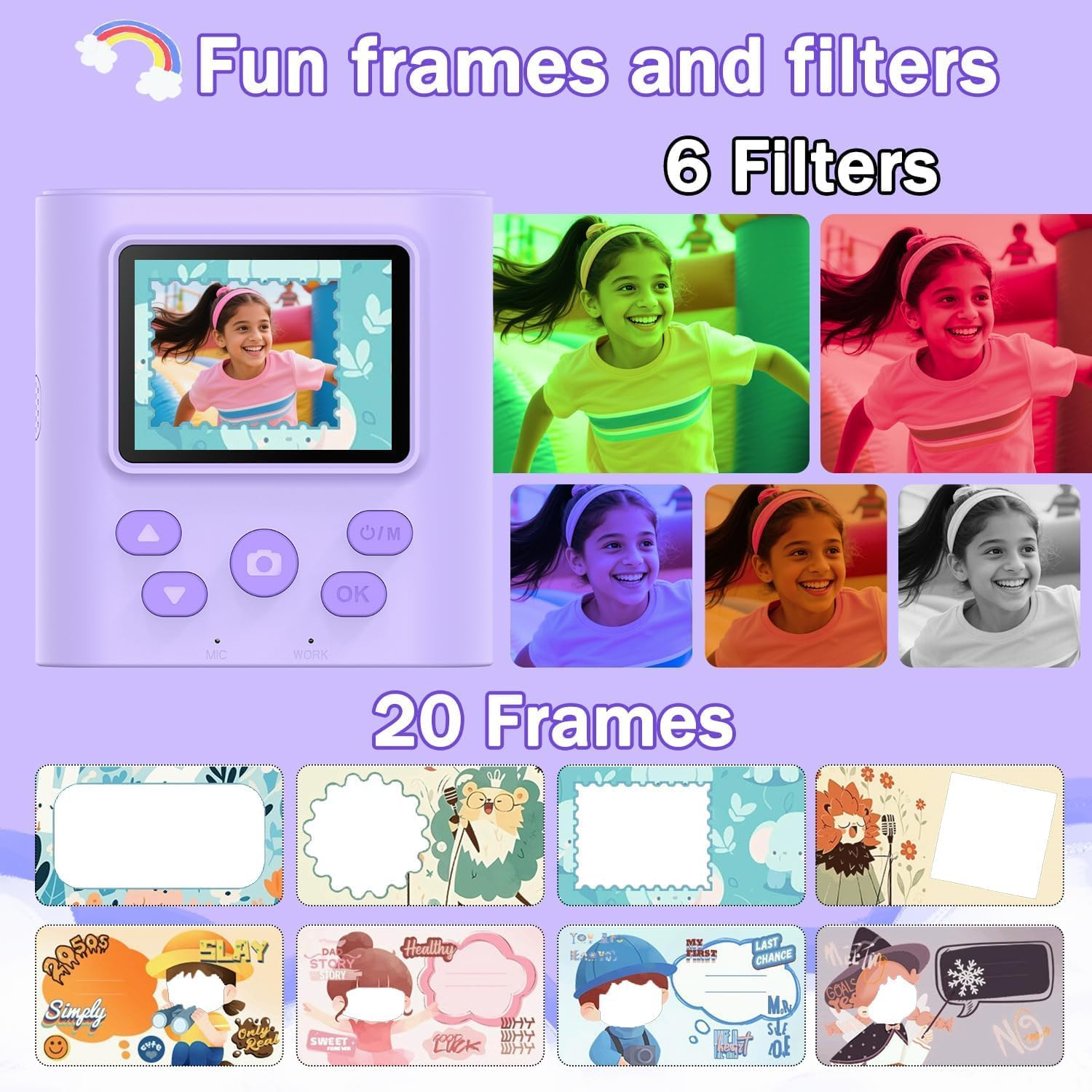 ZONEY Instant Print Camera for Kids, Birthday Gifts for Girls Boys,1080P Kids Digital Camera with Dual Camera Toys for 4 5 6 7 8 9 10 Year Old Girl with 32GB SD Card(Purple) image number 5