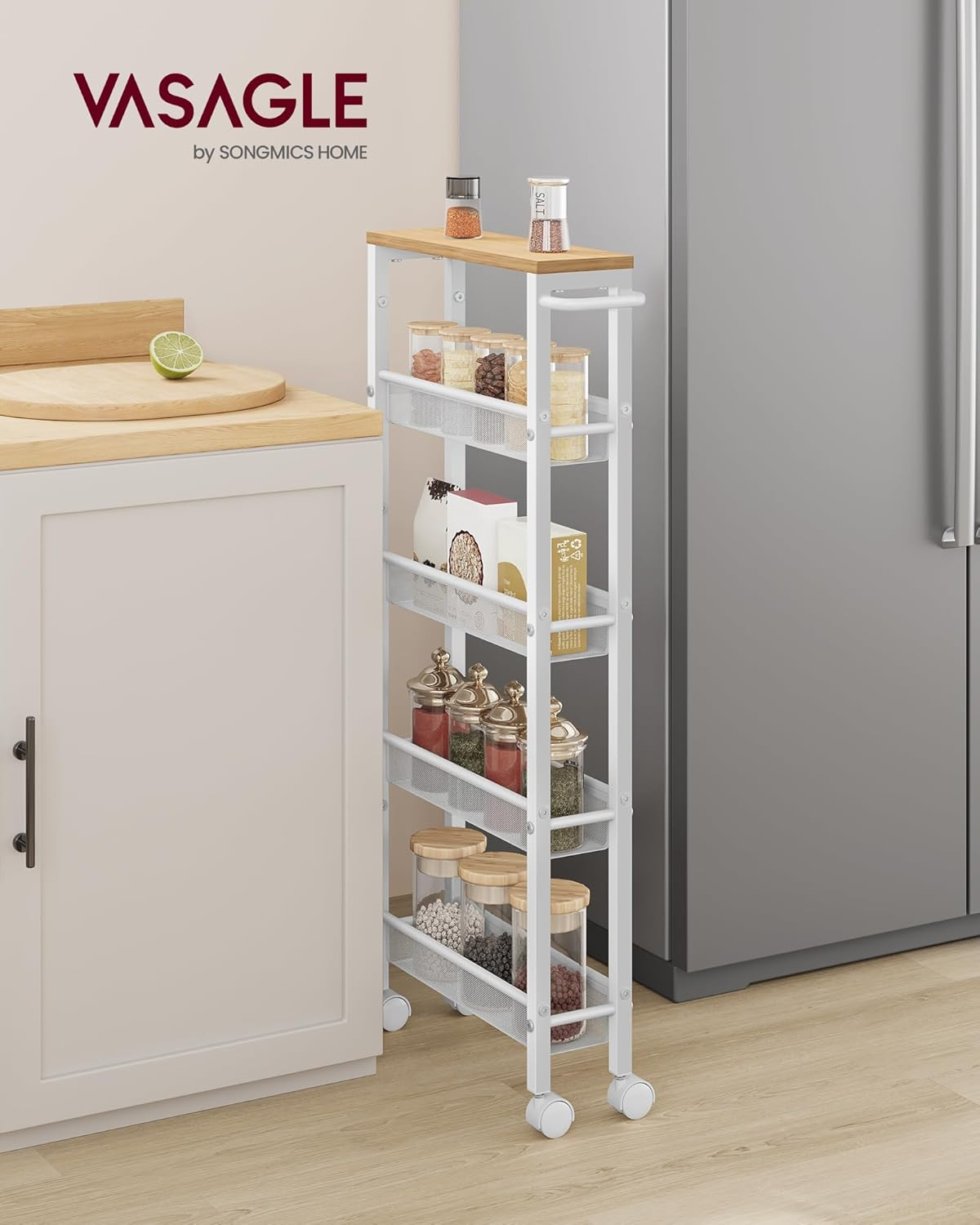 VASAGLE Slim Rolling Cart, 5-Tier Storage Cart, Narrow Cart with Handle, 5.1 Inches Deep, Metal Frame, for Kitchen, Dining Room, Living Room, Home Office, Oak Beige and White ULRC034W09 image number 6