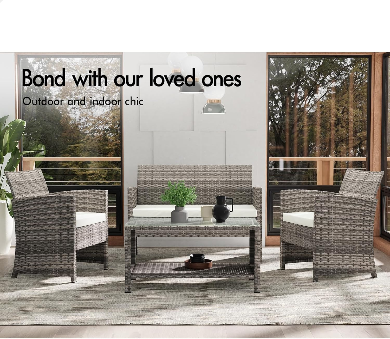 ALFORDSON Outdoor Patio Furniture 4Pcs Conversation Set, Wicker 4 Pieces Lounge Chair & Glass Coffee Table Setting, Steel Frame Garden Rattan Sofa with Cushions, Light Grey image number 2