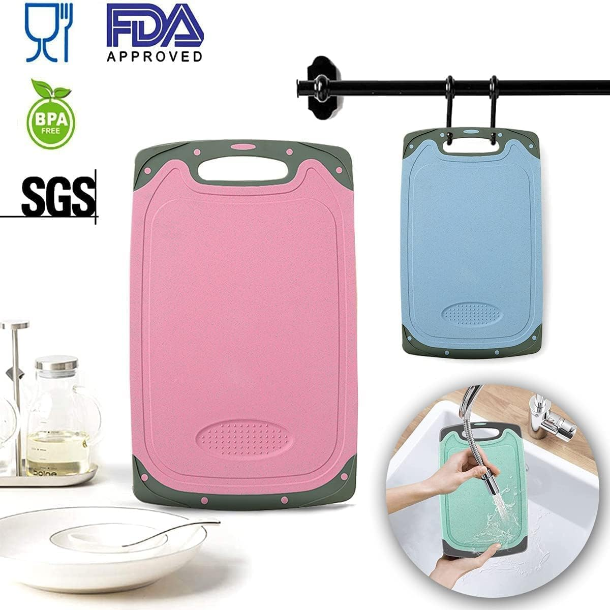 BLAZDEVE Chopping Board Set, 3Pcs BPA Free Kitchen Thick Plastic Cutting Boards with Non-Slip Feet and Deep Drip Juice Groove, Hanging Hole, Large Chopping Boards for Fruits, Vegetables, Meats image number 2