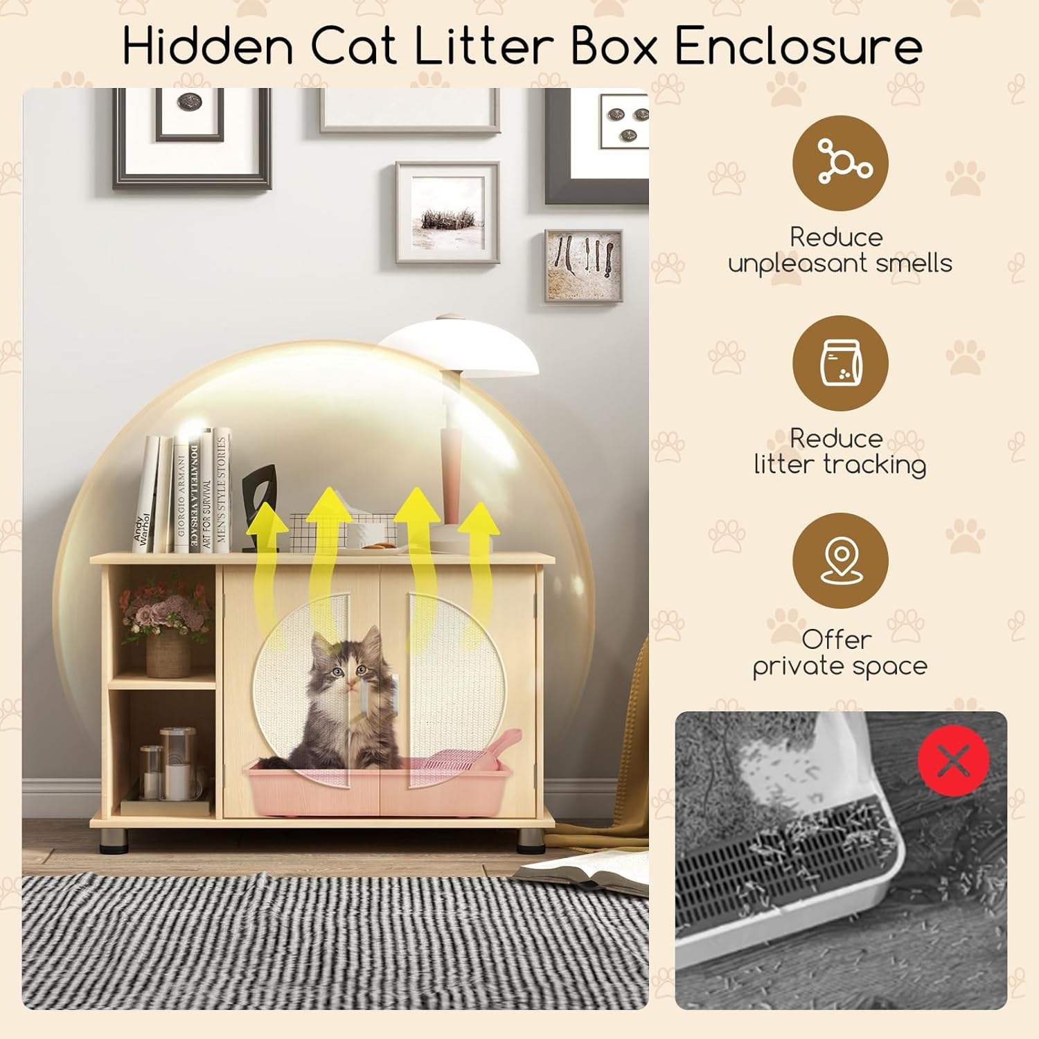 Costway Cat Litter Box Enclosure with Sisal Scratching Doors, Adjustable Metal Feet, Hidden Washroom with Storage, Indoor Cabinet End Side Table, Wooden House Furniture for Kitten & Adult image number 5