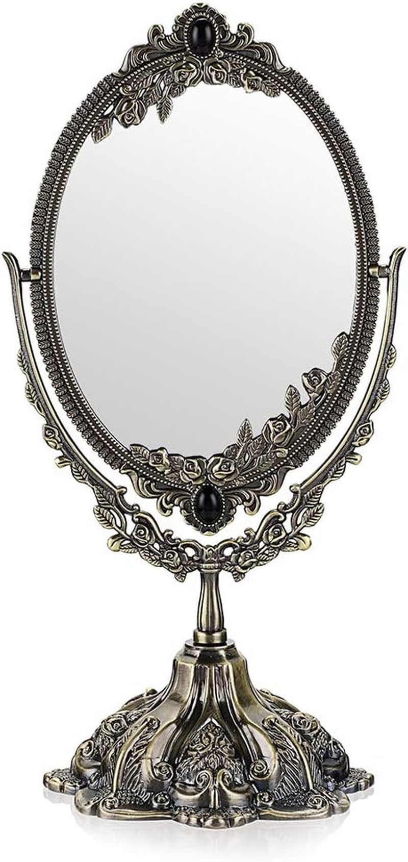 JUXYES Metal Tabletop Antique Decorative Makeup Mirror with Stand, Vintage Swivel Double Sided Cosmetic Mirror with Frame, Retro Desktop Oval Dressing Mirror for Bathroom Bedroom