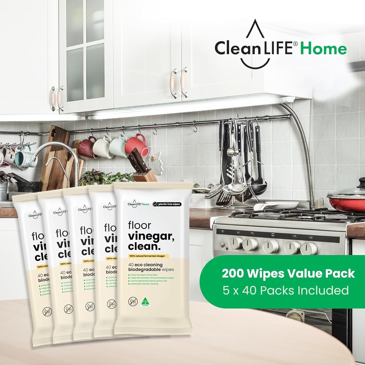 Cleanlife Floor Cleaning Wipes &ndash; Vinegar, Clean, 100% Natural Fermented Vinegar (9.99% Acetic Acid), Food Safe, Plant-Based, Preservative-Free, 40 Wipes, 5-Packs
