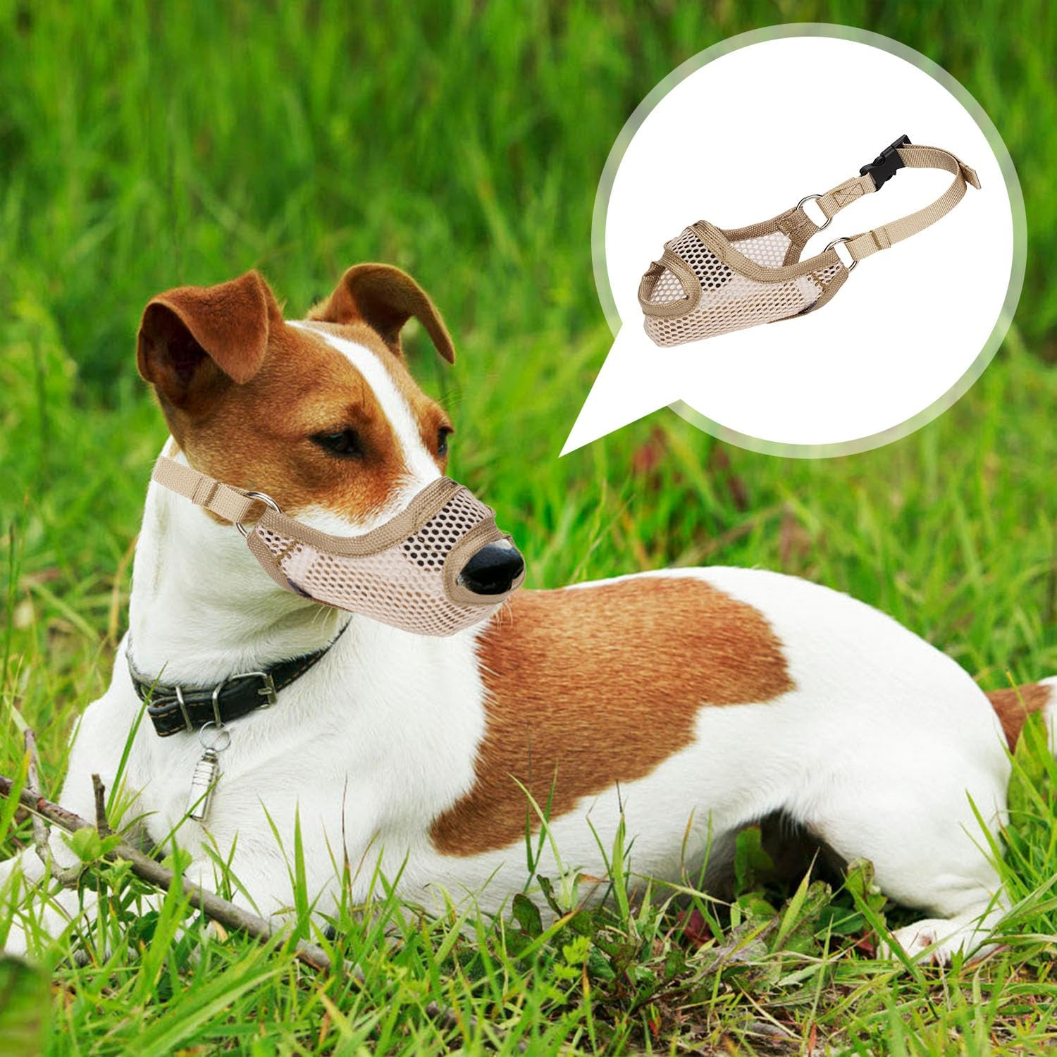 Muzzle for Small Sized Dog, Soft XS Dog Mouth Muzzle anti Biting with Front Opening Design Breathable Dog Muzzle Harness to Stop Chewing Mesh Muzzle Guard for Dogs Pet Gift (Khaki) image number 2