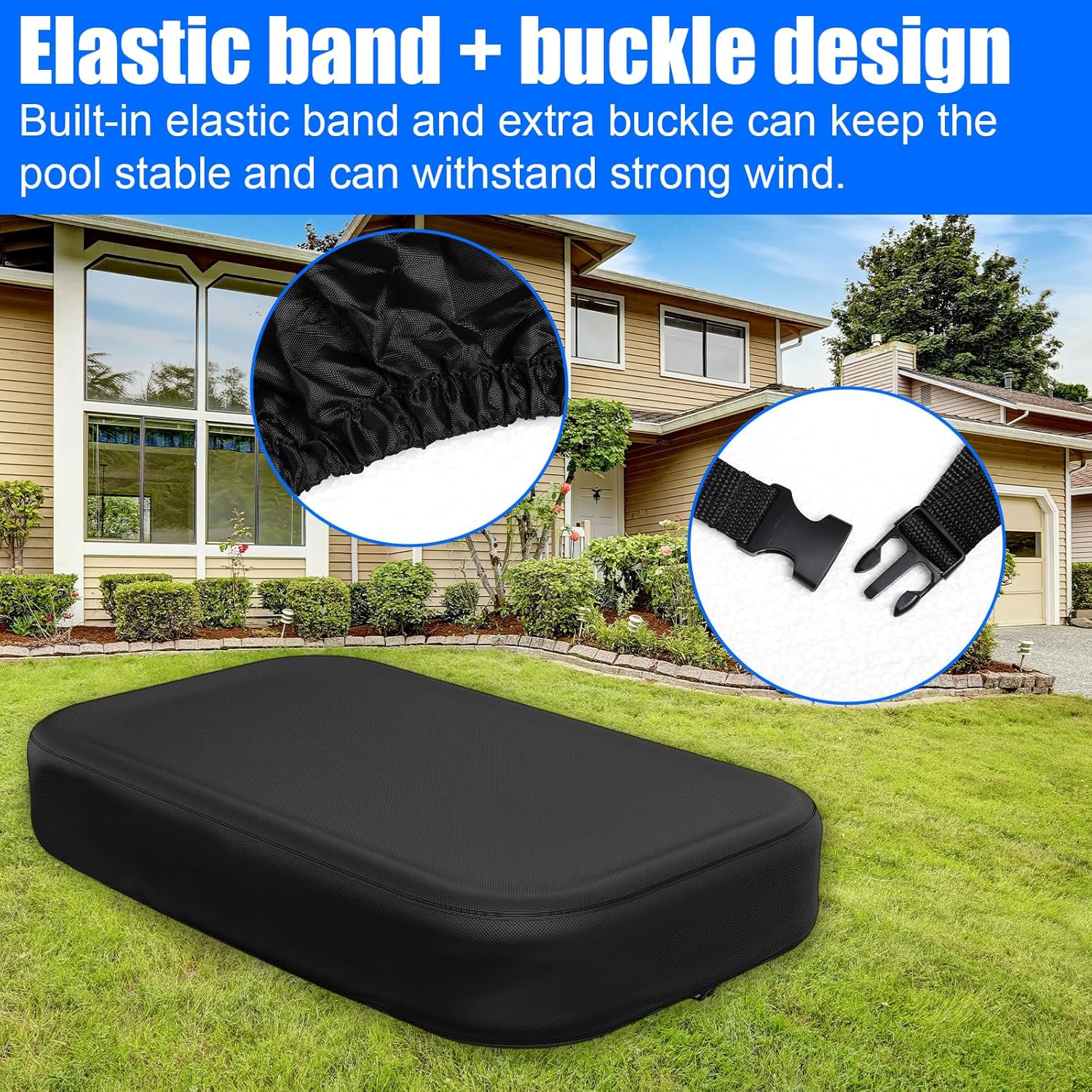 Rectangular Pool Cover for Inflatable Pool, 10.2X6.2X1.7Ft 210D PU Water Proof Oxford Fabric Cover with Elastic Band & Buckle Loop image number 5