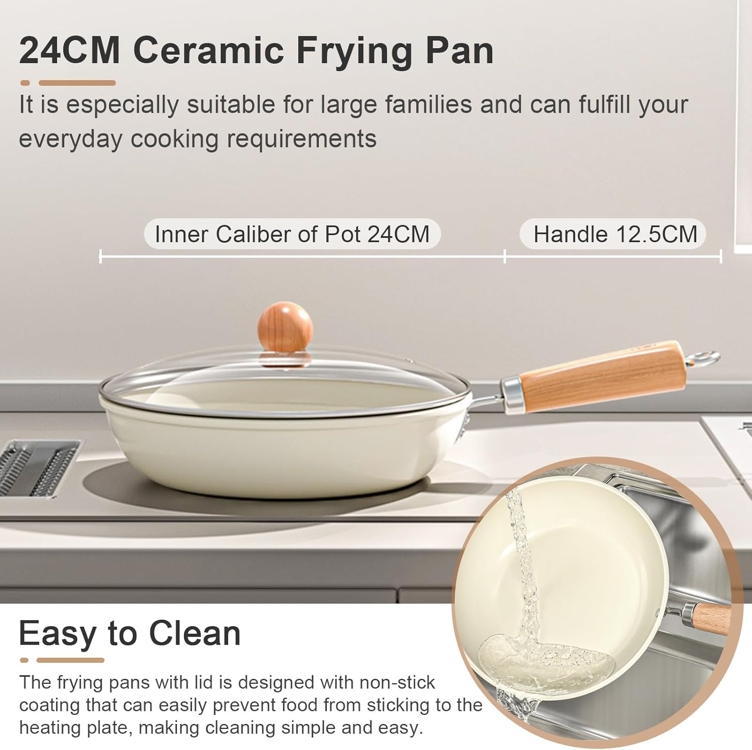 Nonstick Frying Pan Skillet, 24 CM Large Skillet with Lid, Ceramic Omelet Pan with Heat Resistant Handle, Skillet Induction Cookware for All Stove Tops, PFOA and Pfas-Free image number 3