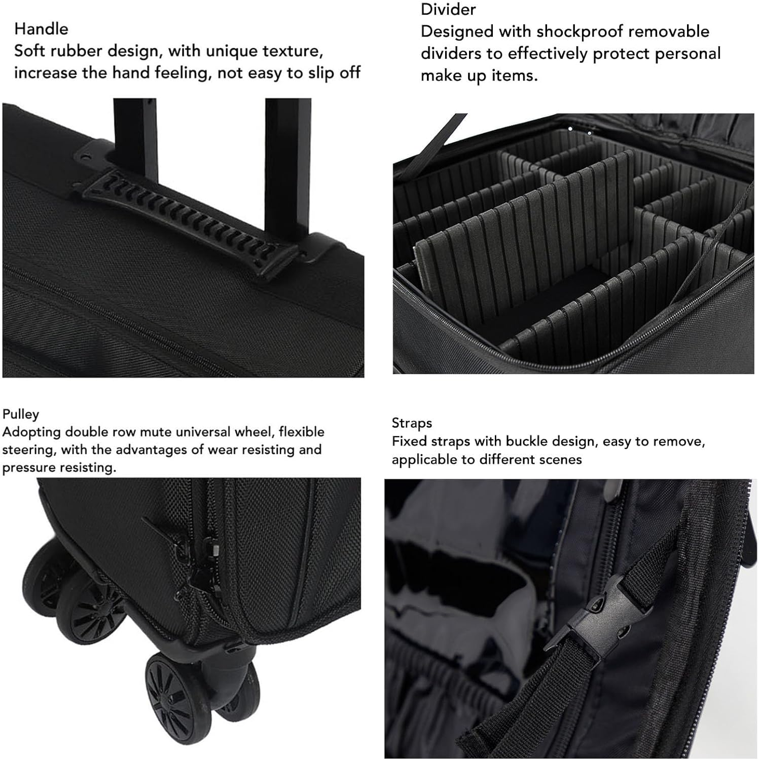 Cryfokt Professional Rolling Makeup Train Case Shock Resistant Large Capacity Organizer Suitcase for Makeup Artists and Nail Technicians, Black Oxford Fabric image number 3