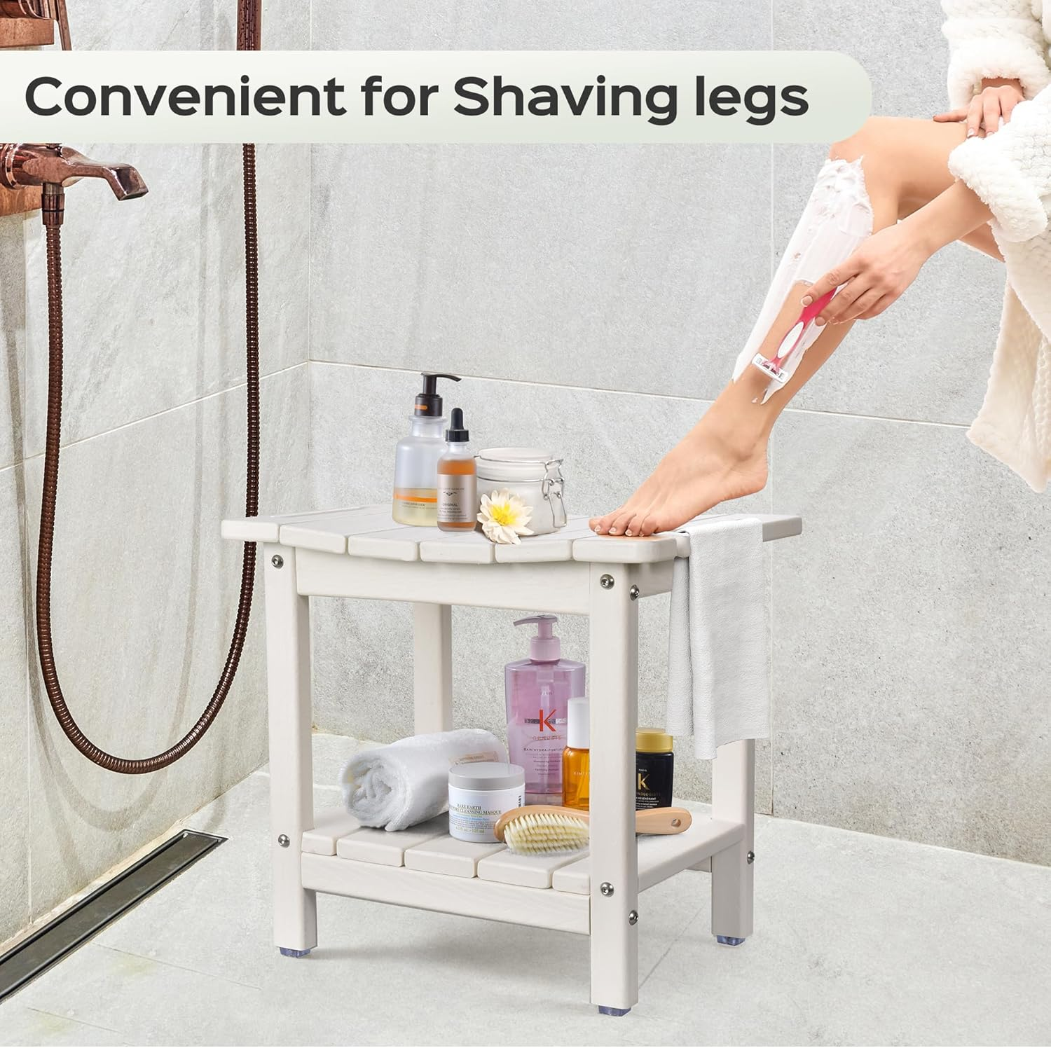 Lyrifine Shower Stool, 18.5 Inch HDPE Waterproof Shower Chair, Bathroom Shower Seat with Shower Head Holder, 350LBS Sturdy Shower Stool for Elderly Seniors Shaving Legs, White - 1-Gray image number 6