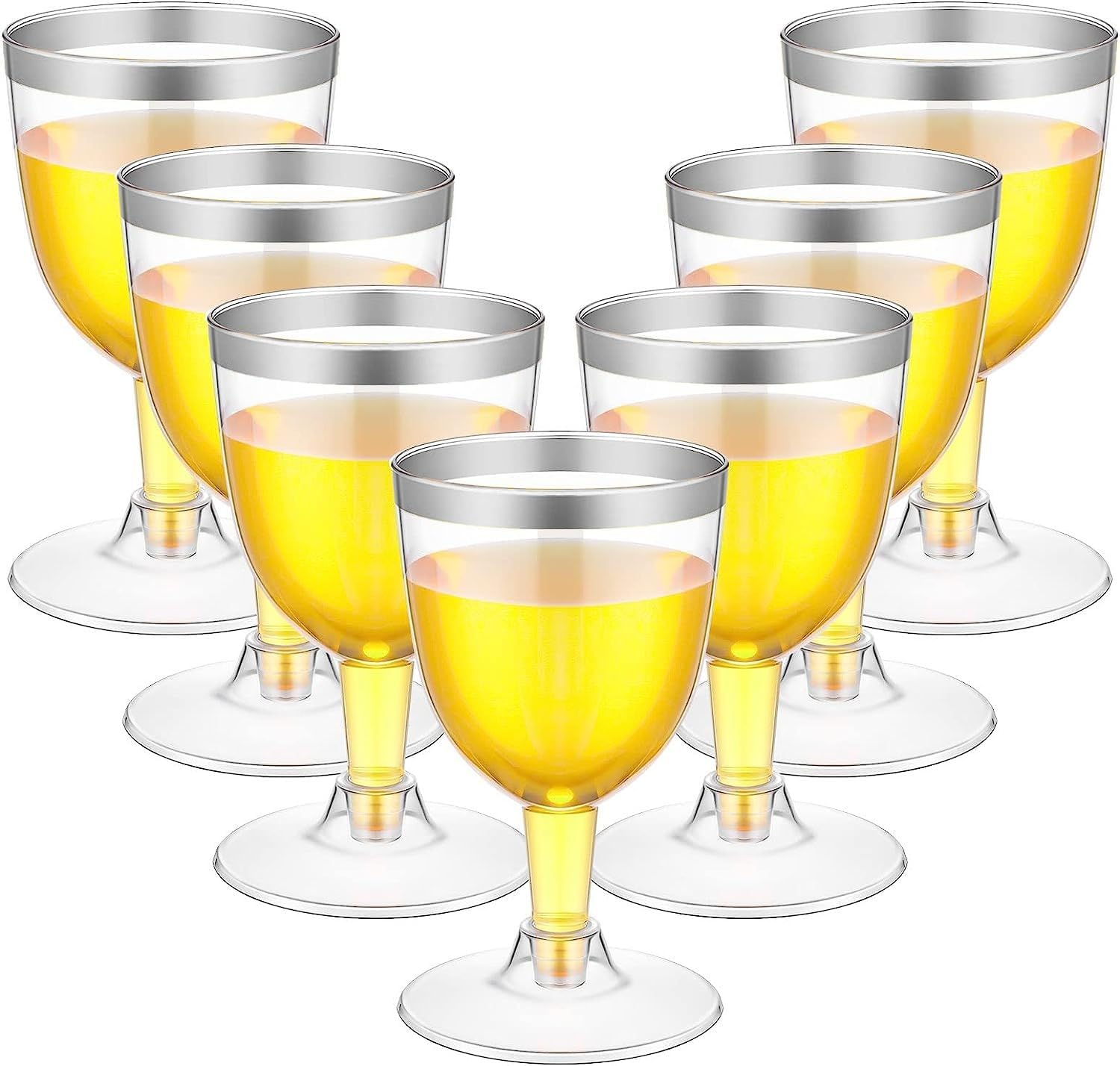 Latern Pack of 50 Wine Glasses with Silver Rim, 170 Ml Plastic Wine Glasses Reusable Party Wine Cups with Stem for Drinks Whisky Champagne Beer Cocktail Martini (13.5 X 6.5 Cm)