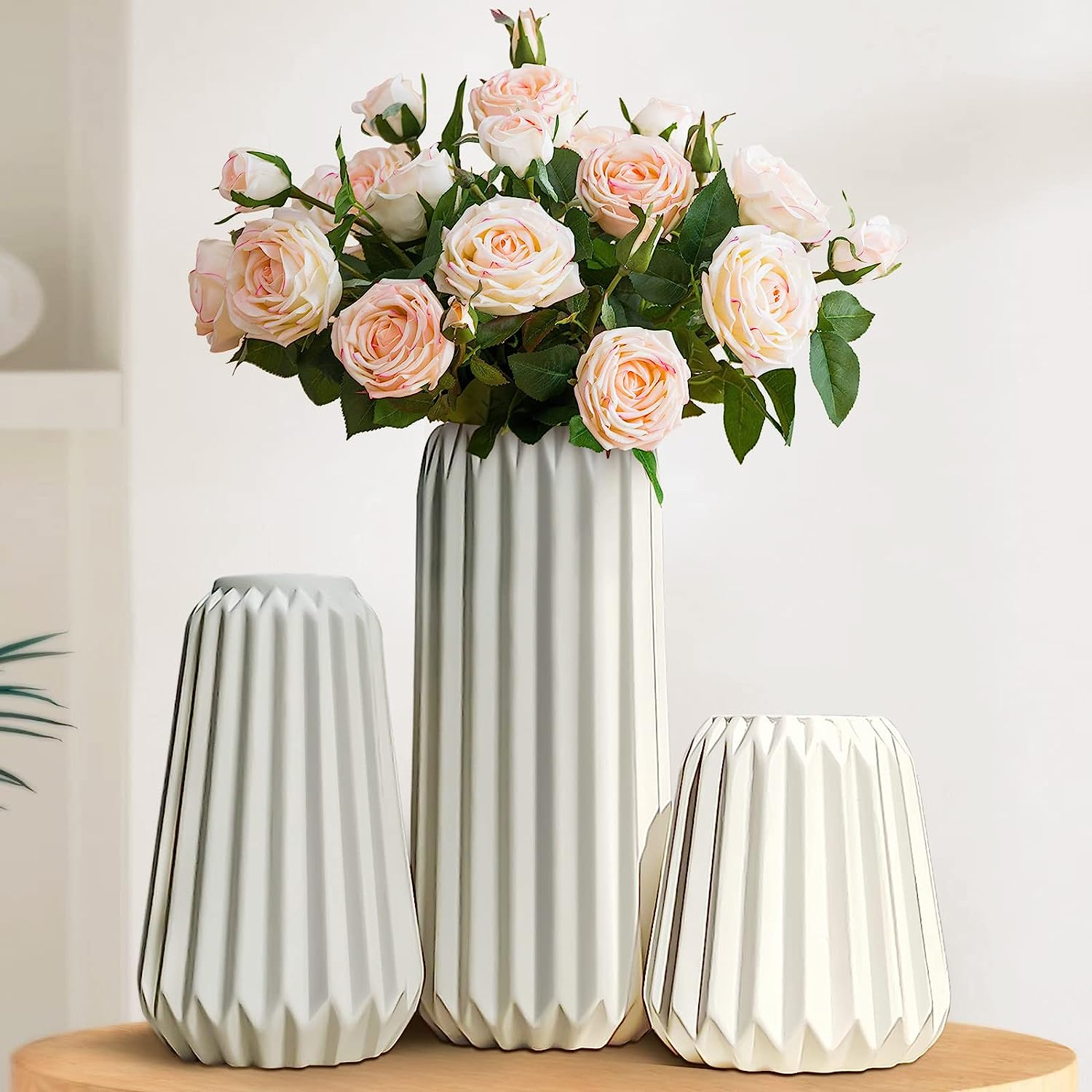 White Ceramic Vase -Set of 3 Boho for Modern Home Decor,Nordic Minimalism Decor Office Entryway Living Room Centerpiece Table Decorations Vases - White 3 Set image number 2