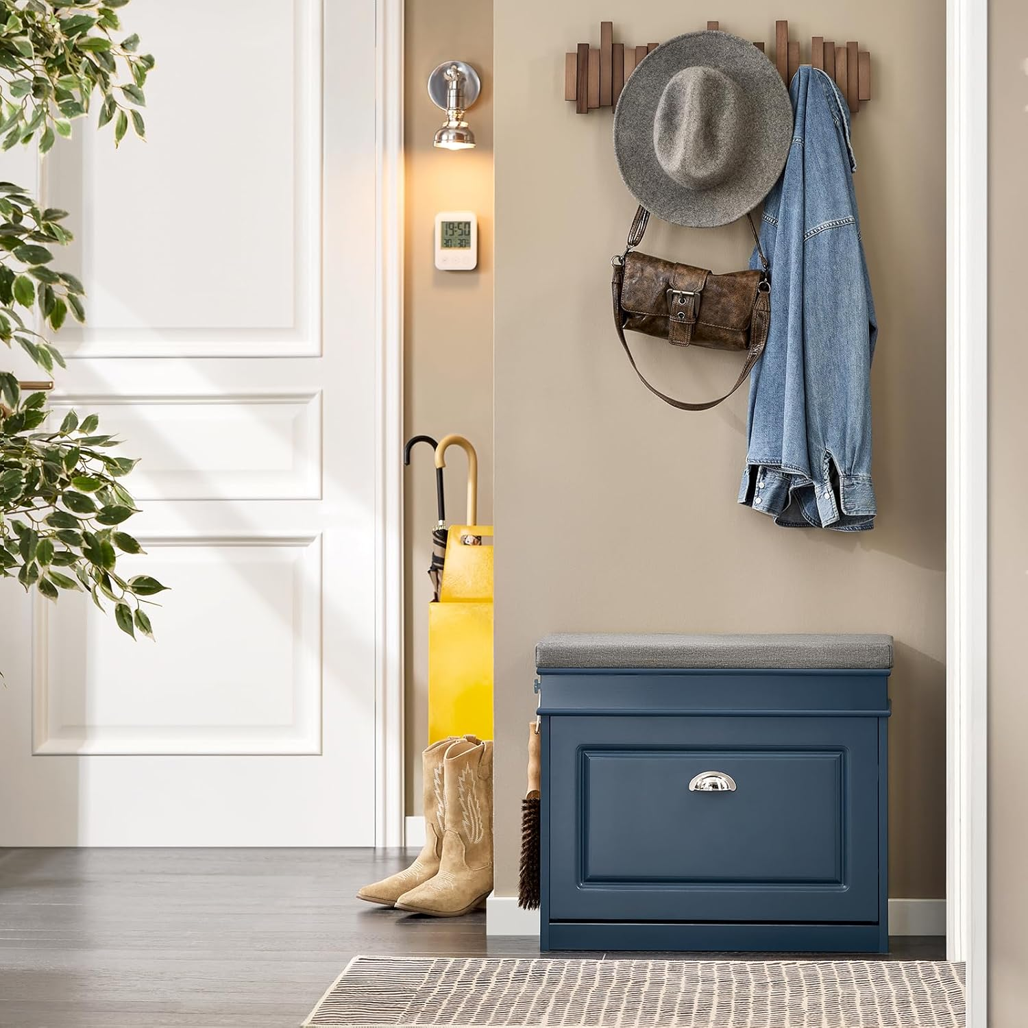 Sobuy Blue Shoe Bench with Seat Cushion and Drawer FSR82-K-B image number 4