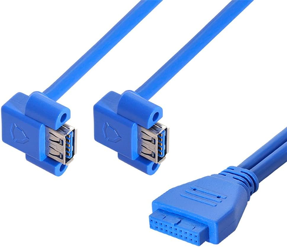 Xiwai up Angled USB 3.0 a Type Dual Female to Motherboard 20Pin 19 Pin Box Header Slot Panel Mount Cable (Blue 20P up Angled 50Cm)