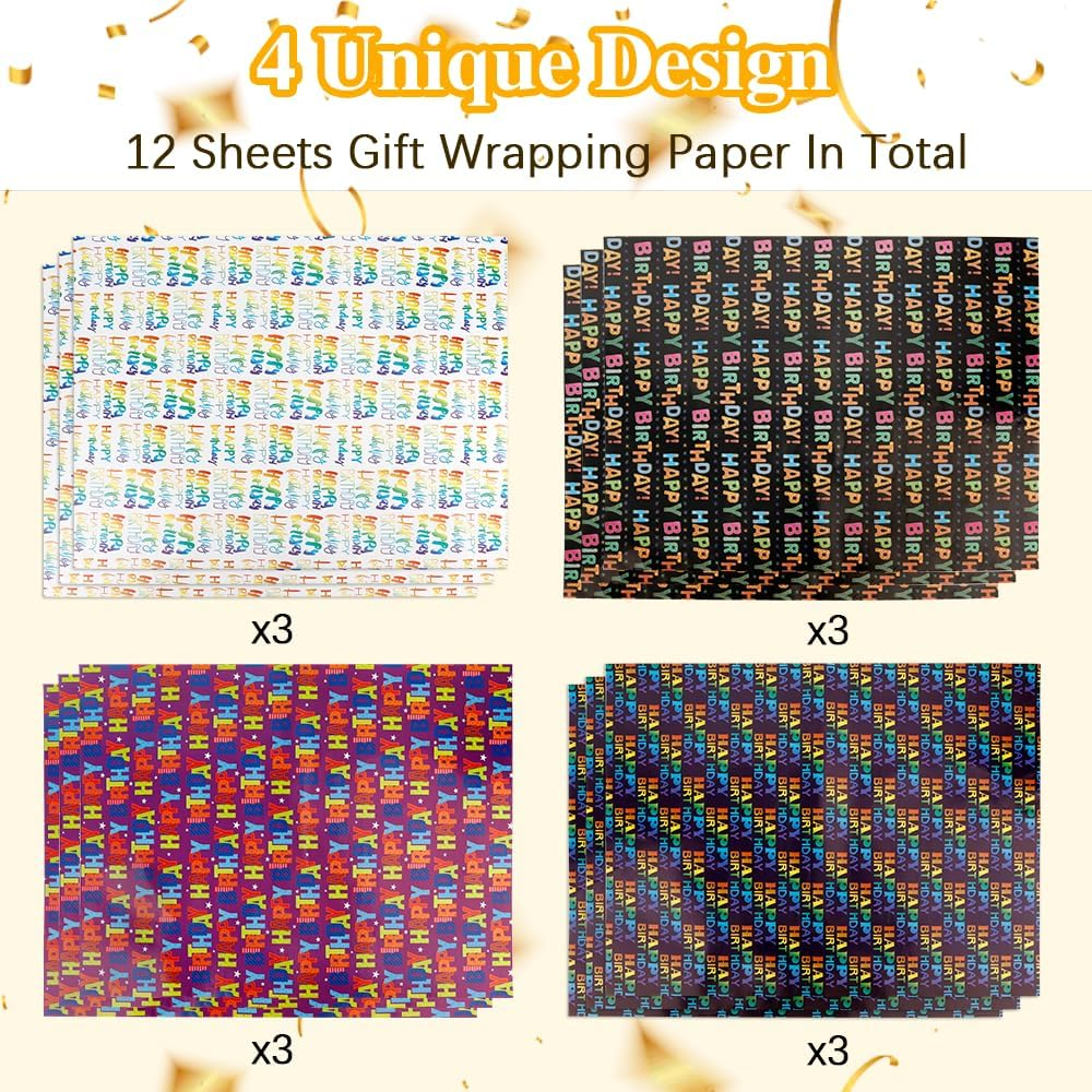 Amazonbasics Birthday Wrapping Paper 12 Sheets 20 X 27 Inches Multicolor Foil Funny Gift Wrapping Paper image number 1