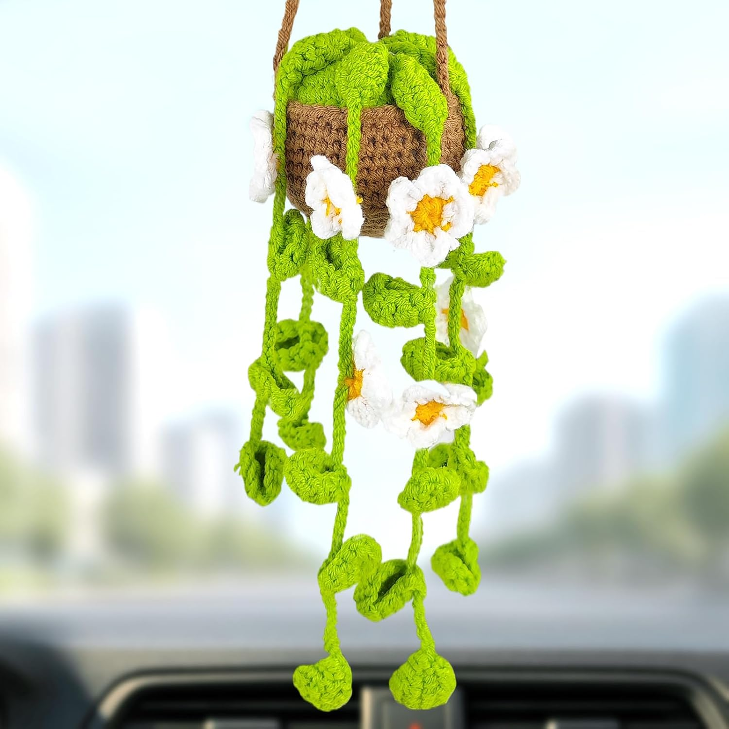 Crochet Plant Hanging Basket Car Rear View Mirror Hanging Accessories Women Interior Aesthetics Cute Handmade Knitted Girly Gift(White Flowers) image number 4